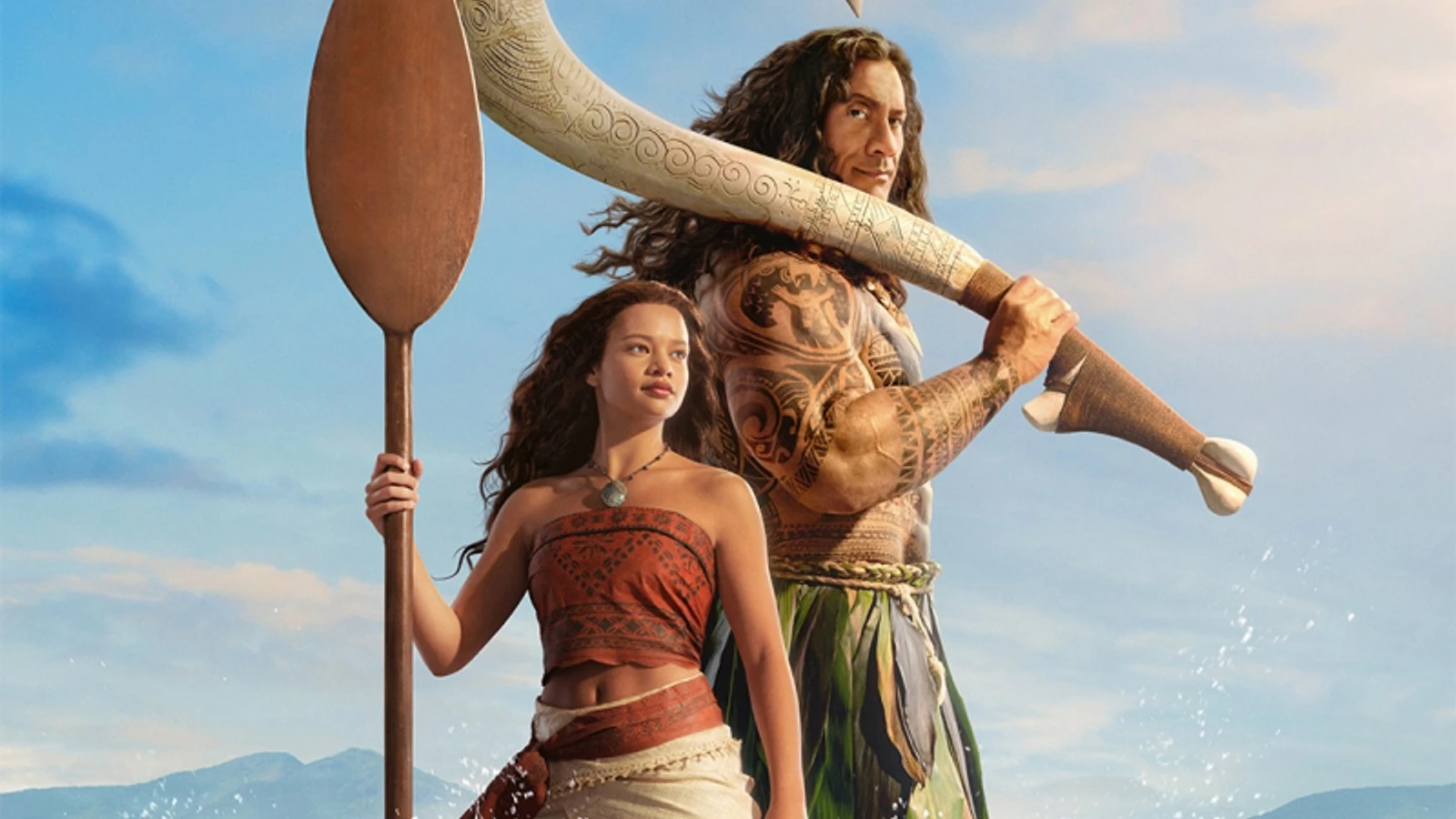 Catherine Lagaʻaia as Moana and Dwayne Johnson as Maui.