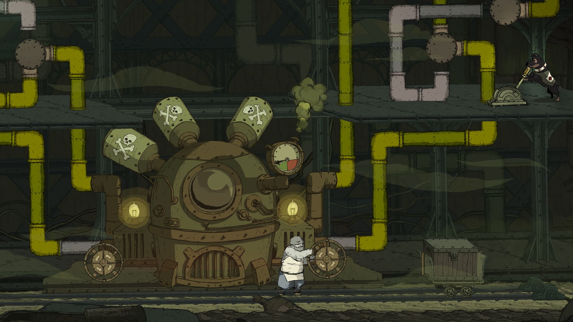 A character stands beside a large machine with pipes and controls.