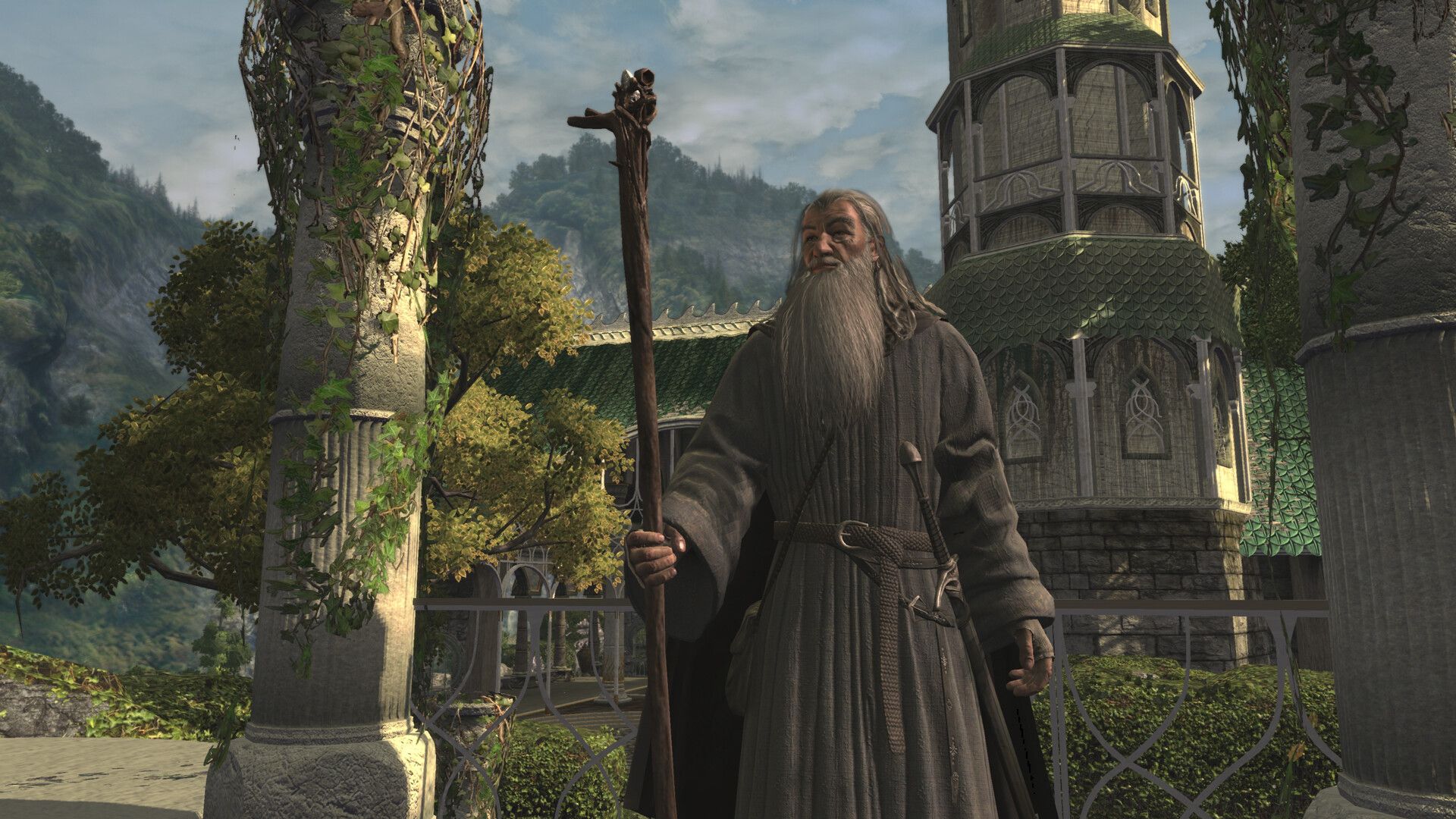 Gandalf stands with his staff on an ivy-covered terrace in The Lord of the Rings: War in the North - Legacy Edition.