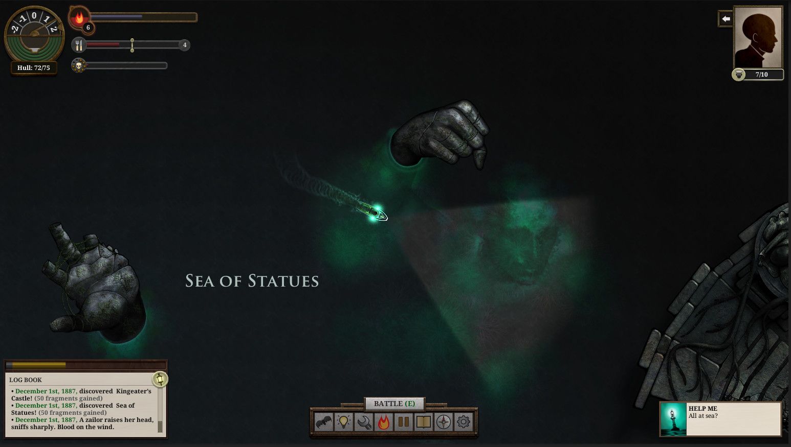 A ship passes the Sea of Statues with a green headlamp beam and a dark statue to the right.