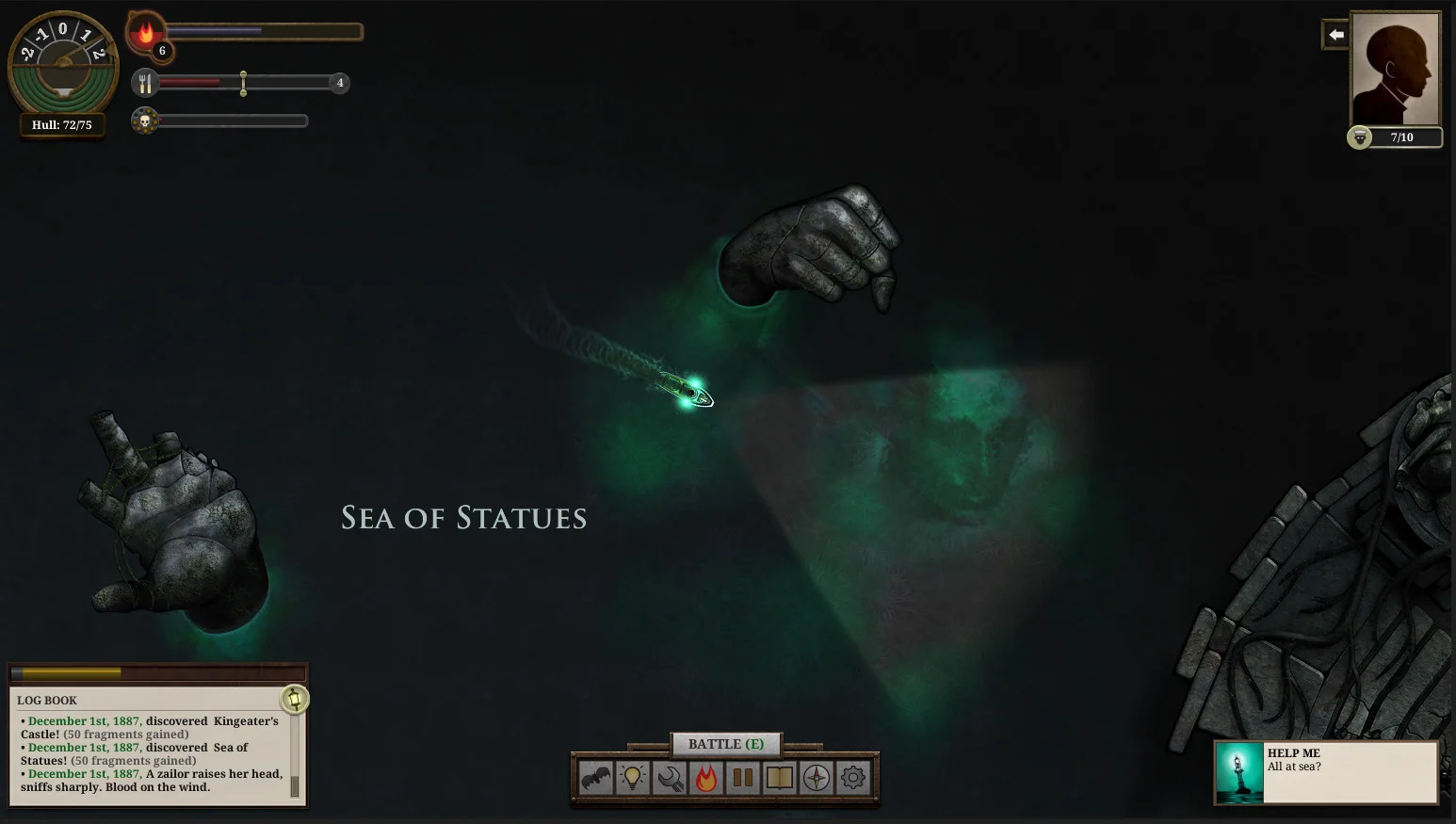 Official Sunless Sea screenshot at the Sea of Statues: the ship is above a row of bottom-centre controls, including a compass-like chart button just left of the gear.