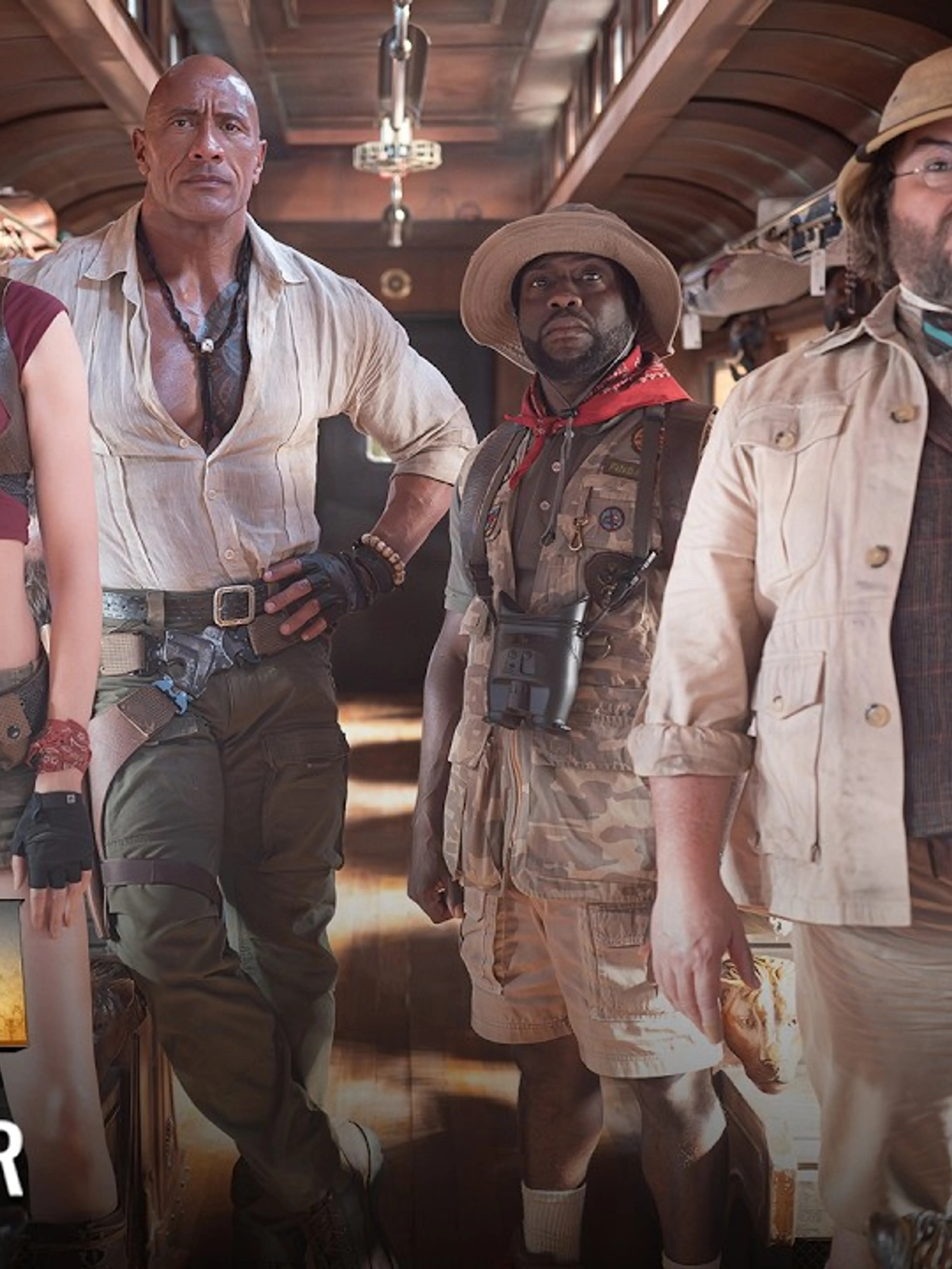Karen Gillan, Dwayne Johnson, Kevin Hart, and Jack Black in official Jumanji: Open World trailer artwork.
