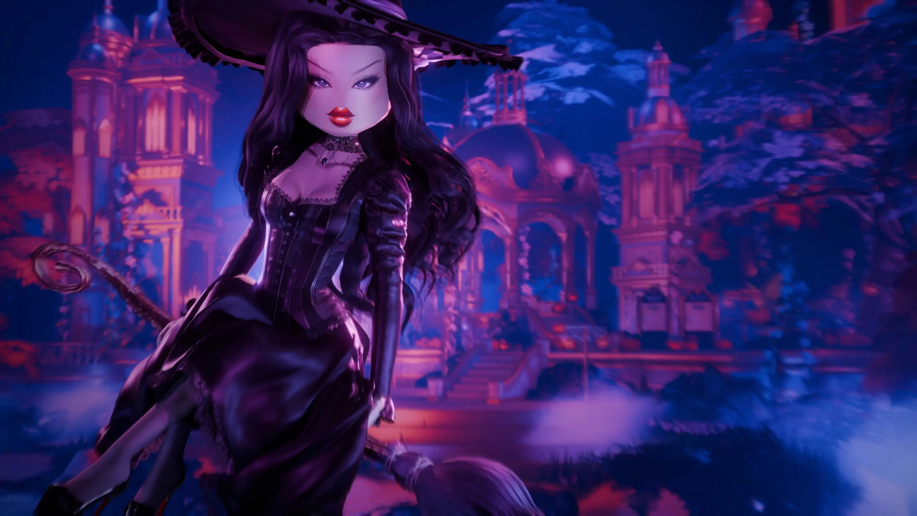 Dress To Impress character in a dark witch outfit outside the Halloween 2024 quest setting.