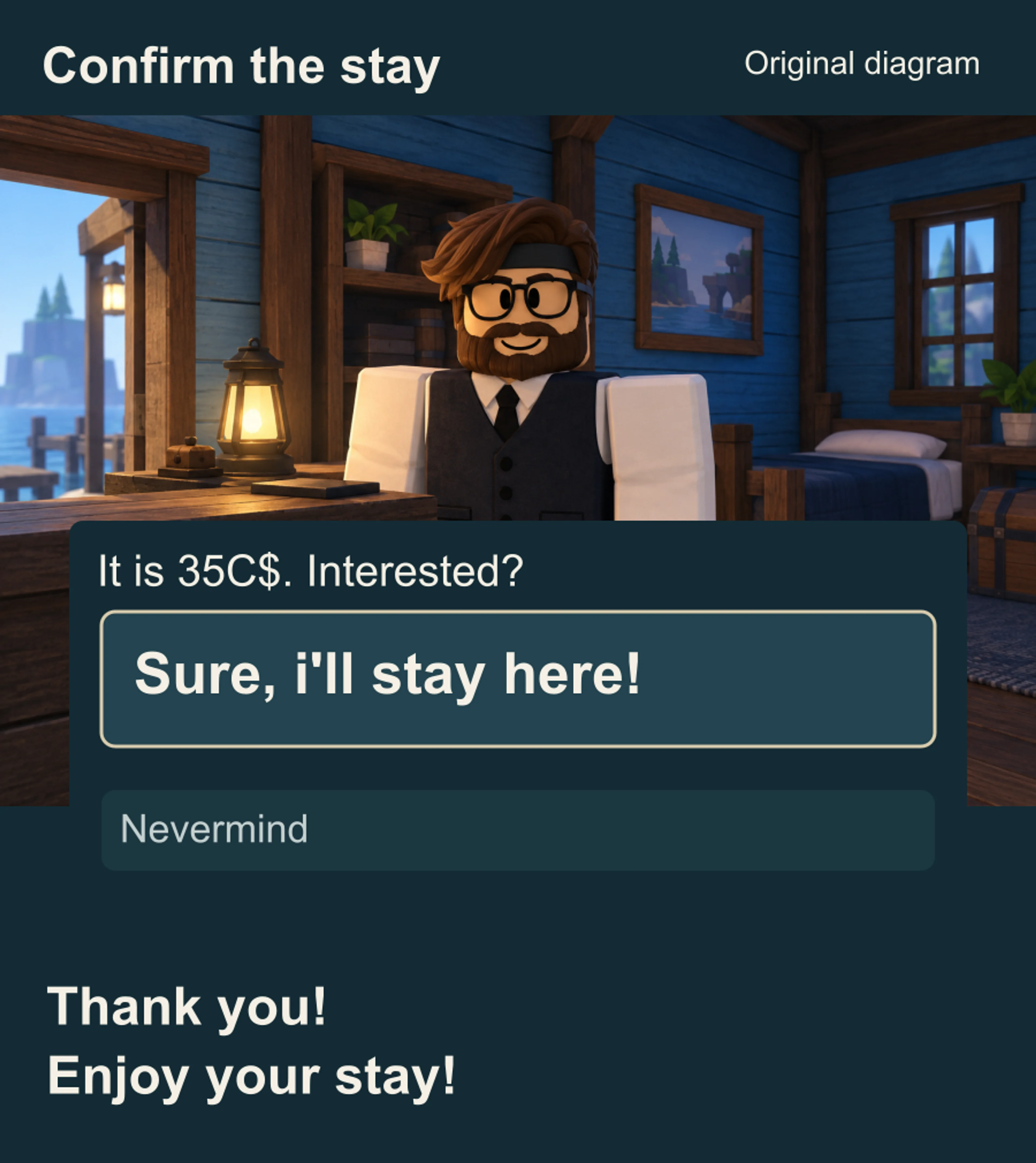 Original dialogue diagram showing the 35C$ offer, the Sure, i'll stay here! choice and the Thank you! Enjoy your stay! reply.