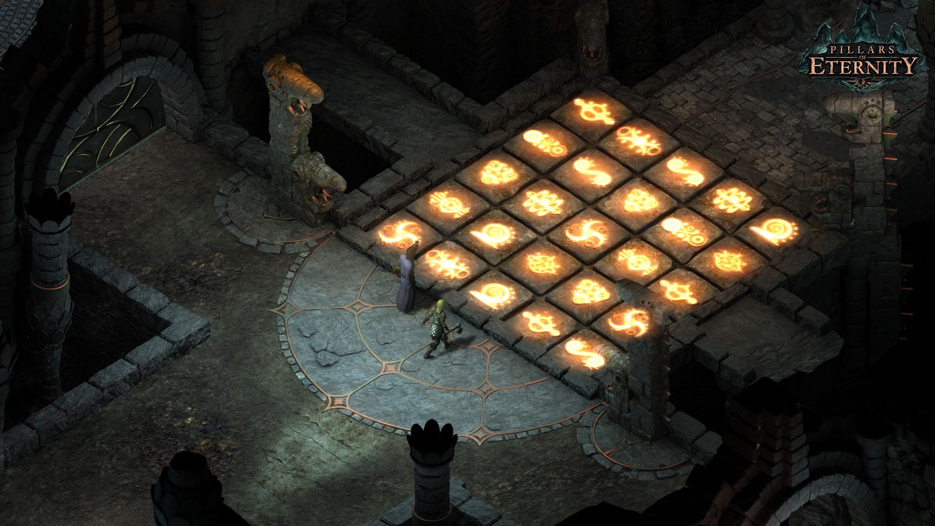 A character stands beside a glowing patterned floor inside a dark ruin.