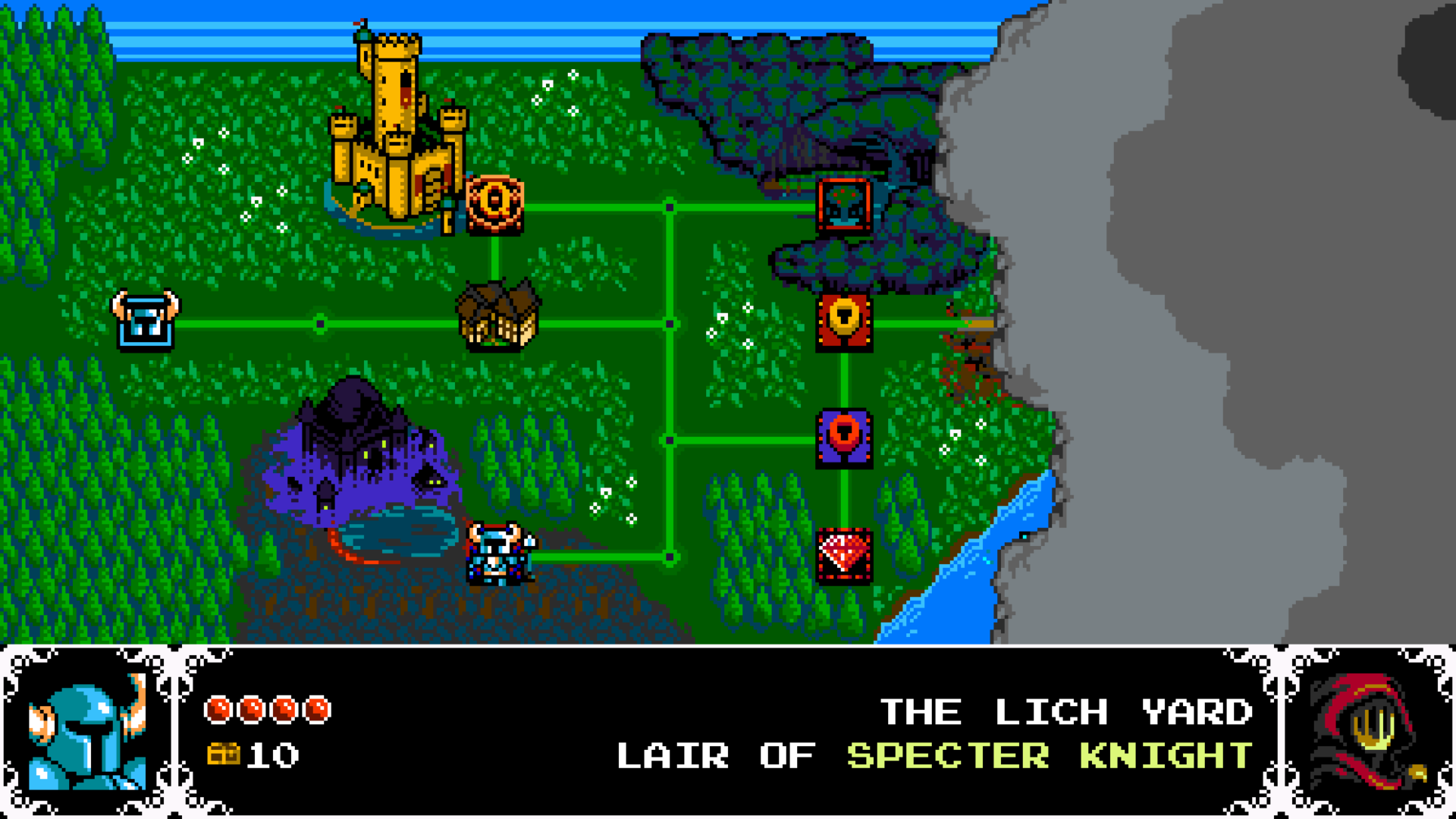 A later world-map screen shows Shovel Knight on connected green paths, stage symbols and a location name below.