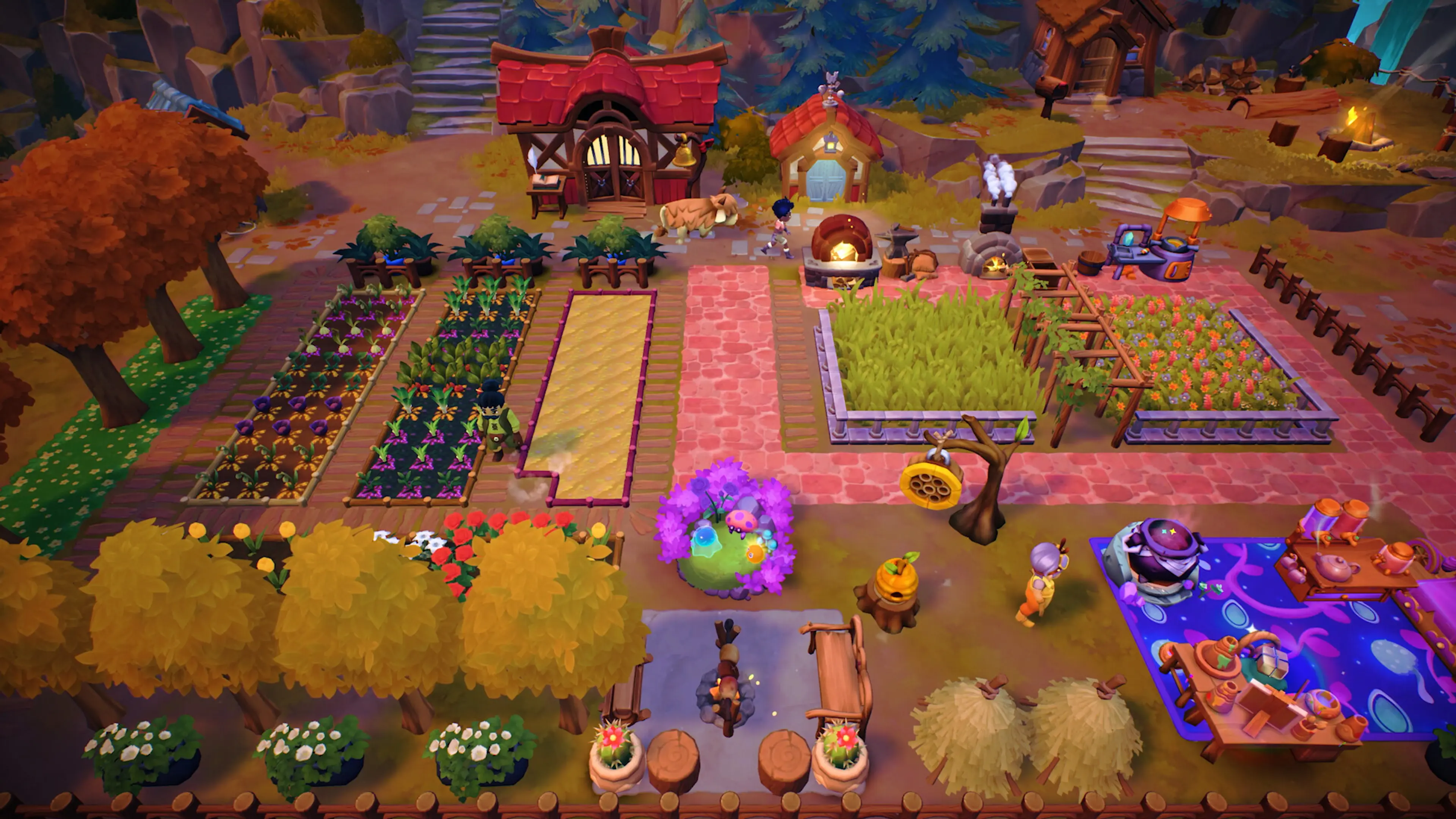 An autumn farm with planting plots and magical equipment in Fae Farm.