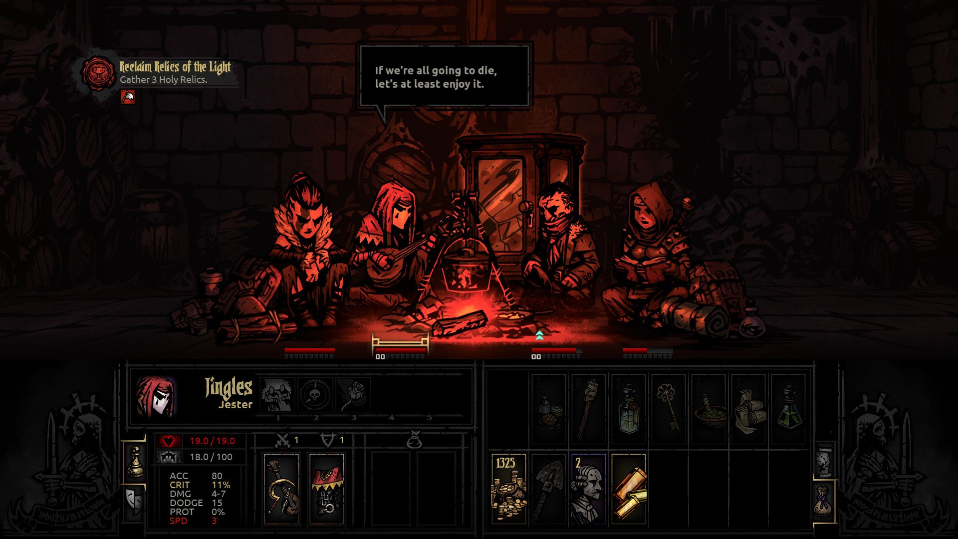 A party of adventurers rests beside a fire in a dungeon corridor.