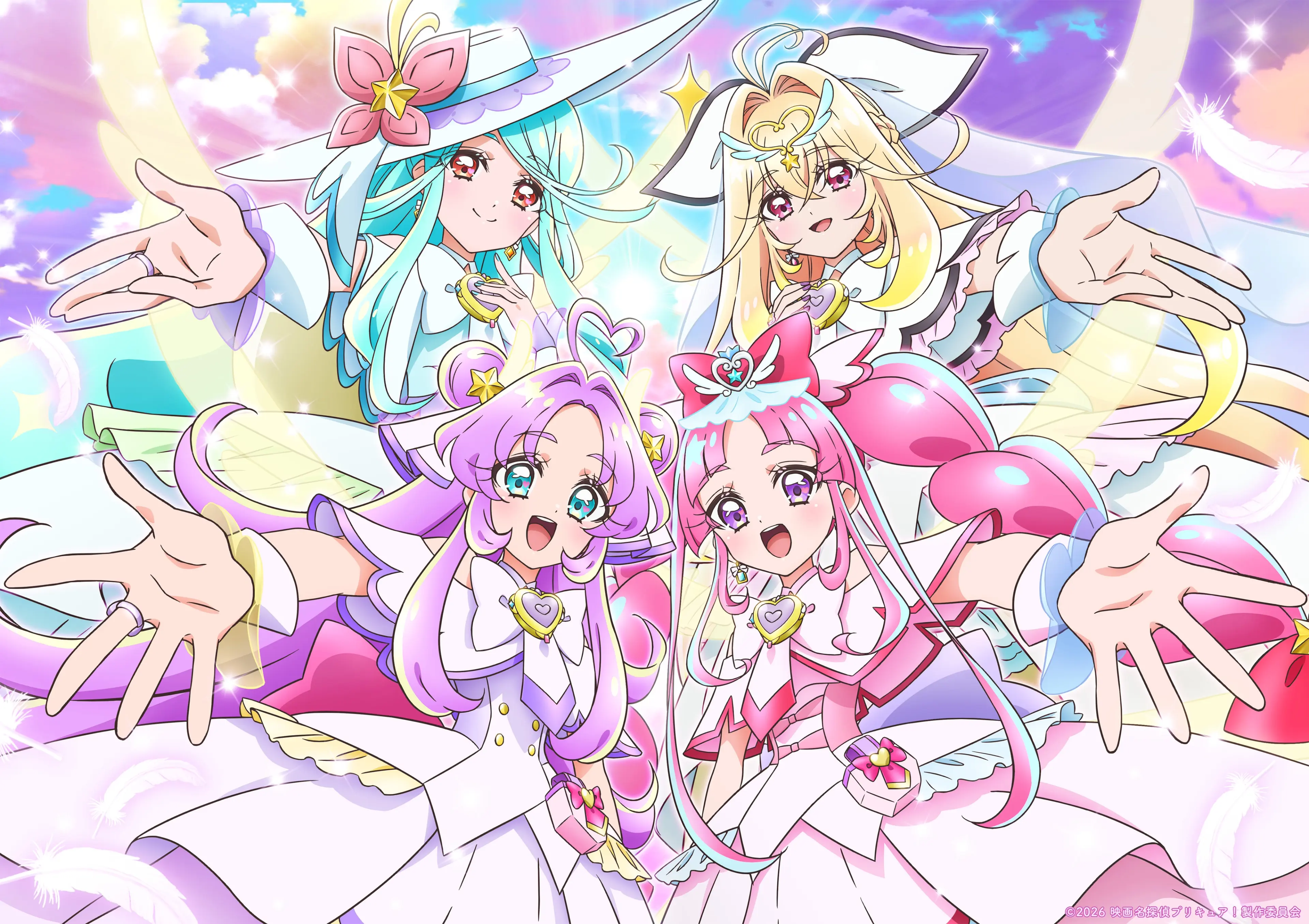 Cure Eclair, Cure Arcana, Cure Answer and Cure Mystique reach forward together in their white-and-gold Future Forms.