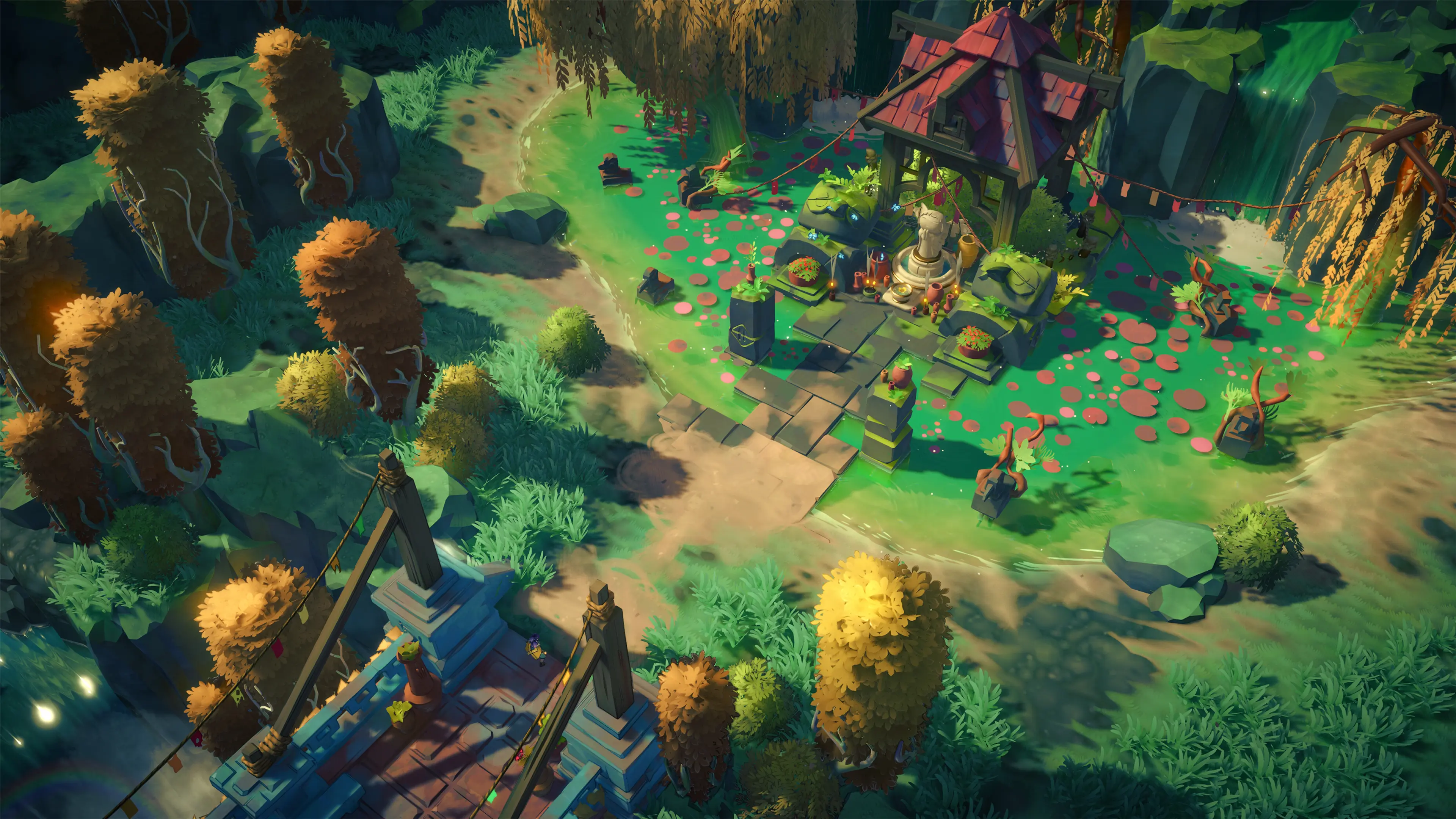 Sonia explores a colorful forest region filled with pools and ruins in Uncanyon.