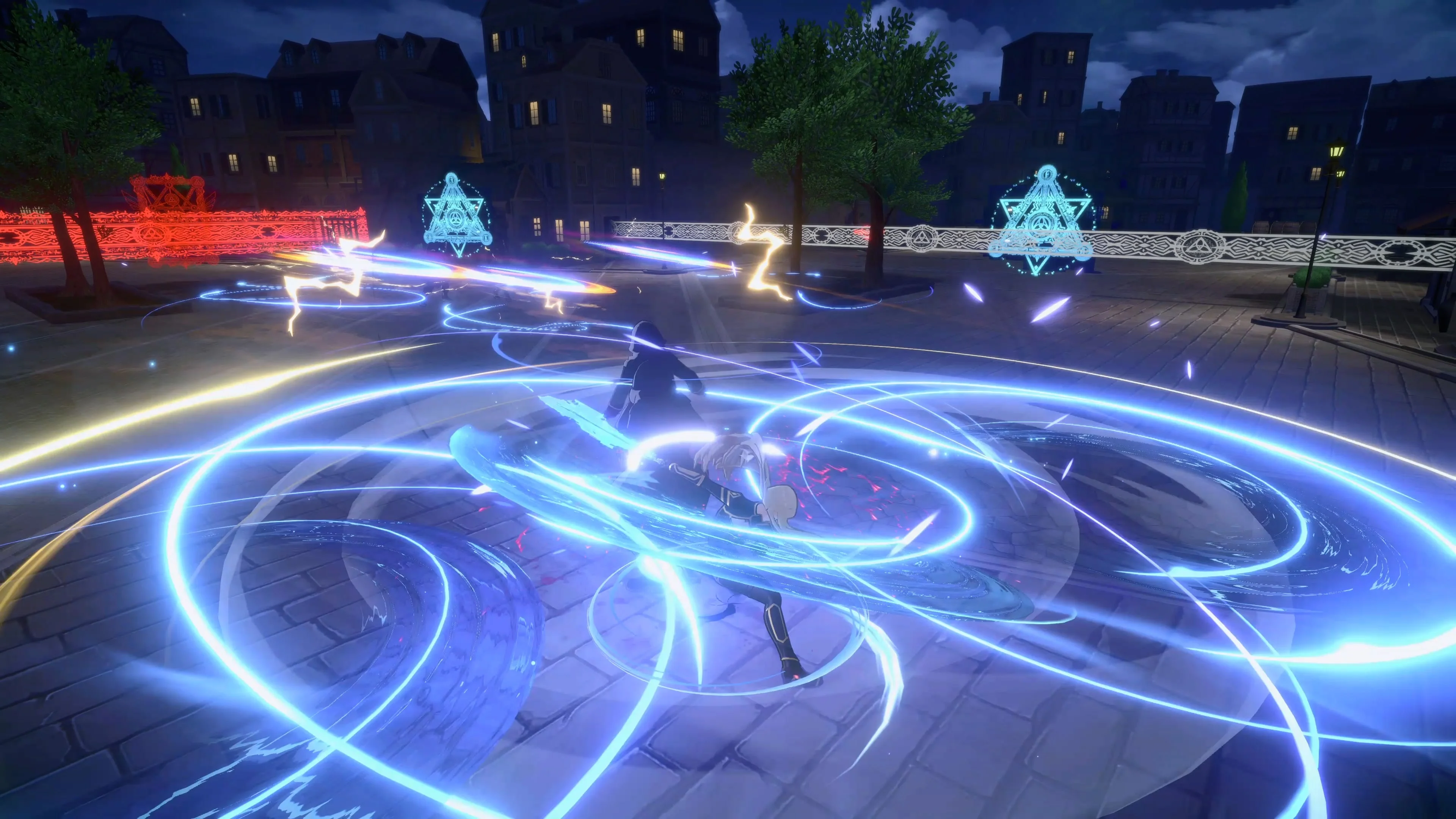 A fighter battles enemies inside overlapping blue attack circles in Phantom Echoes.