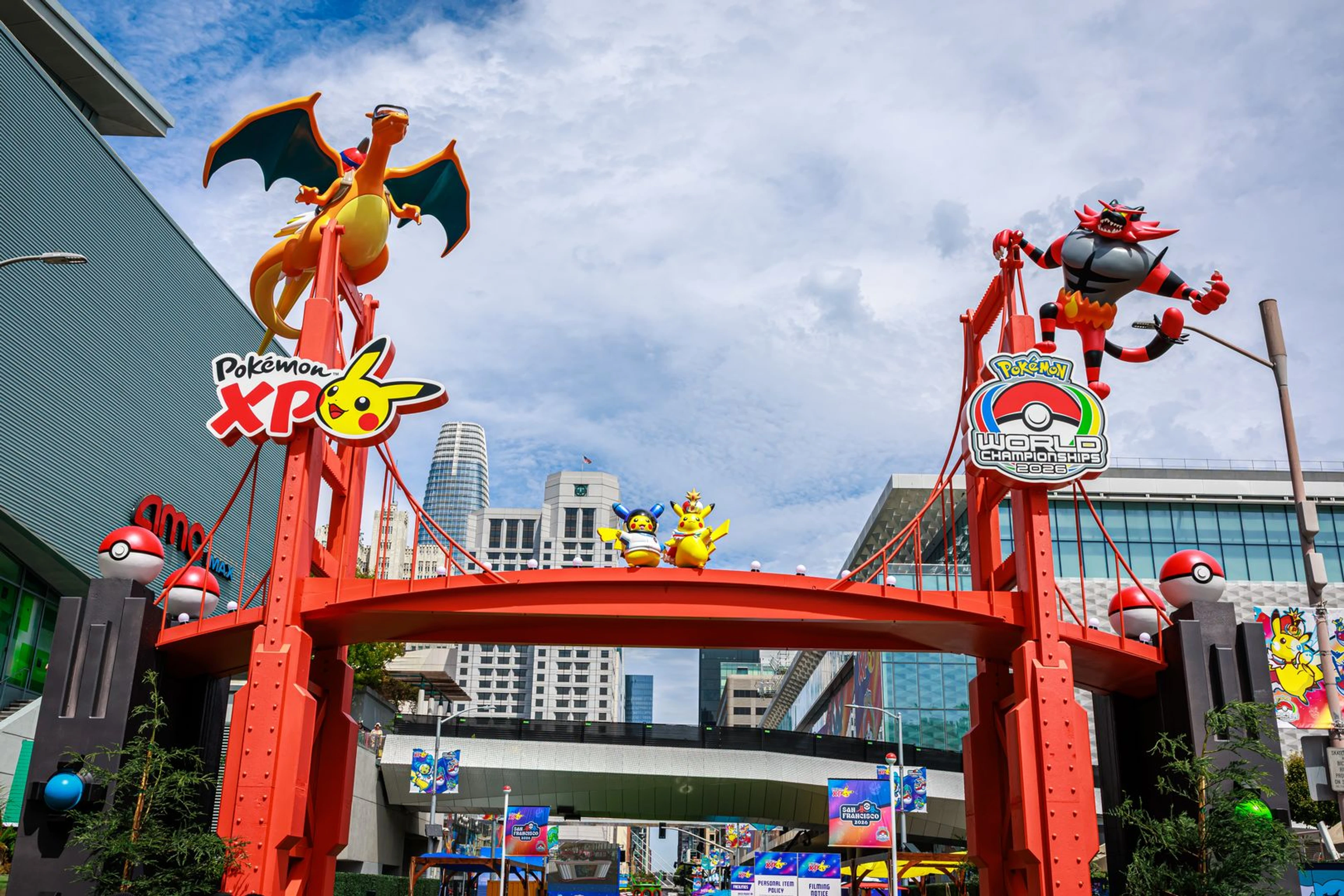 A colorful Pokémon World Championships event display in San Francisco, used with the announcement of Singapore as the 2027 host city.