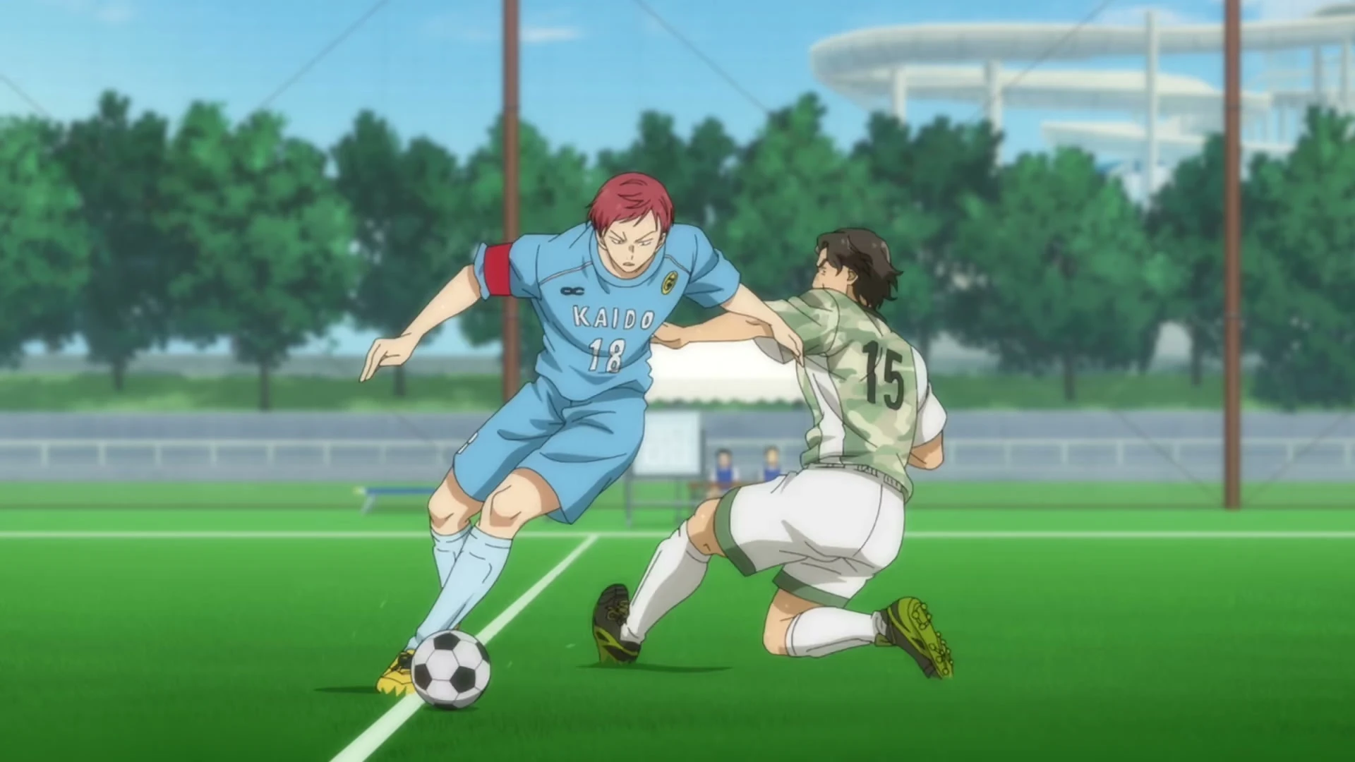 Two soccer players challenge for the ball on the field in the official Aoashi Season 2 trailer.