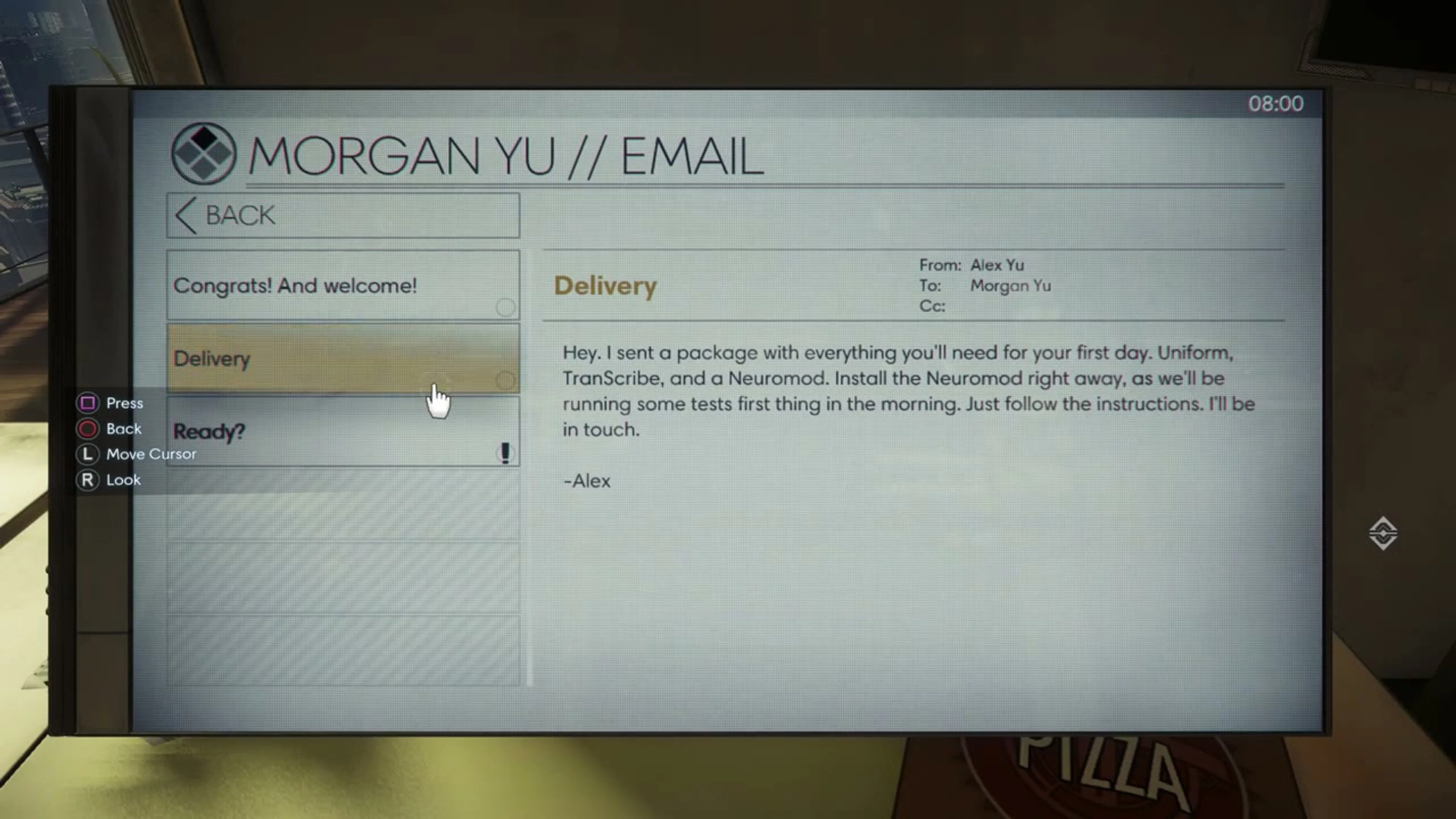 Morgan Yu computer email window open in the apartment.