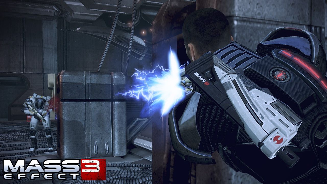 Shepard fires from cover toward an enemy soldier across a corridor.