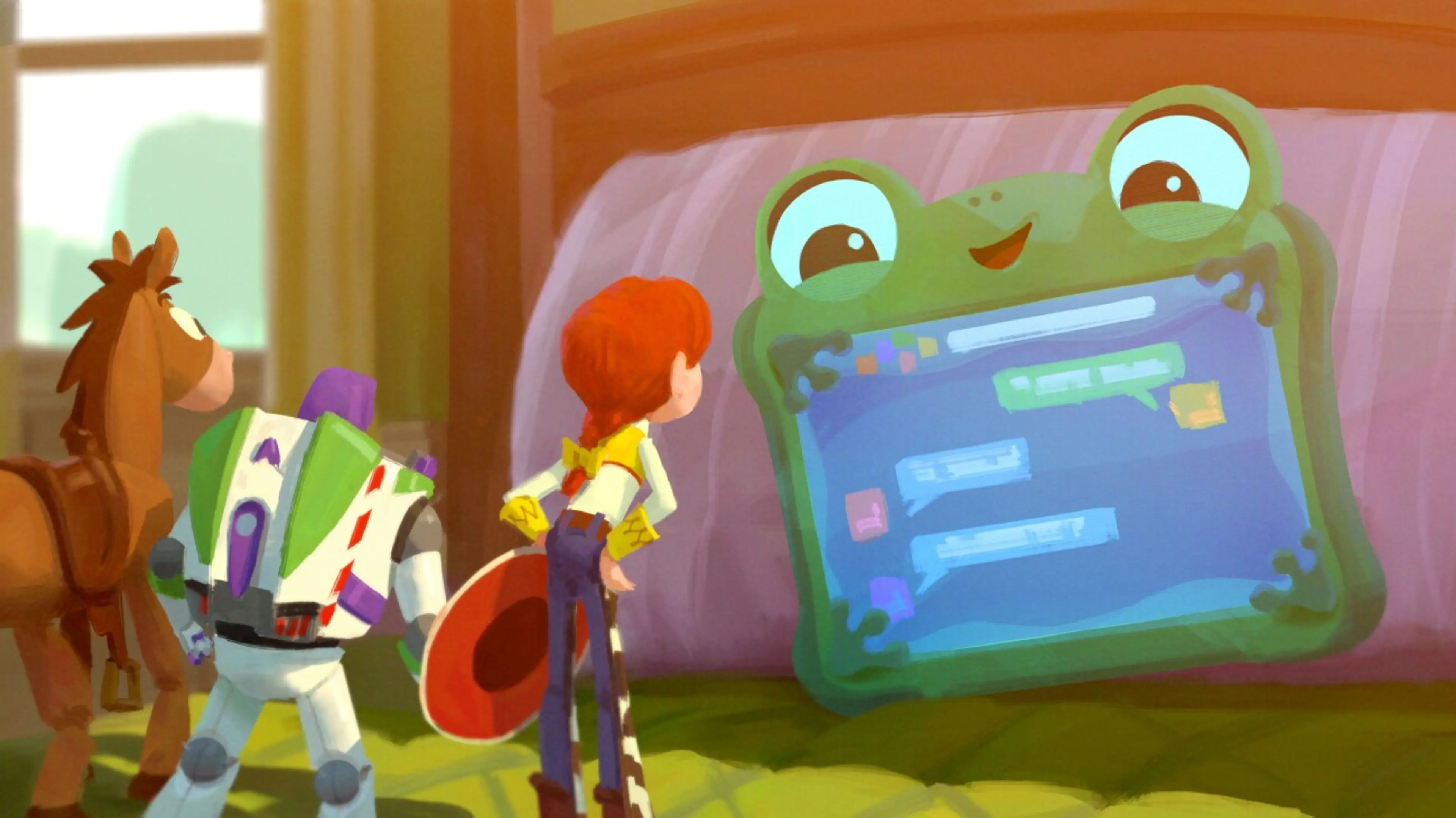 Concept art shows Bullseye, Buzz and Jessie facing Lilypad on Bonnie’s bed.