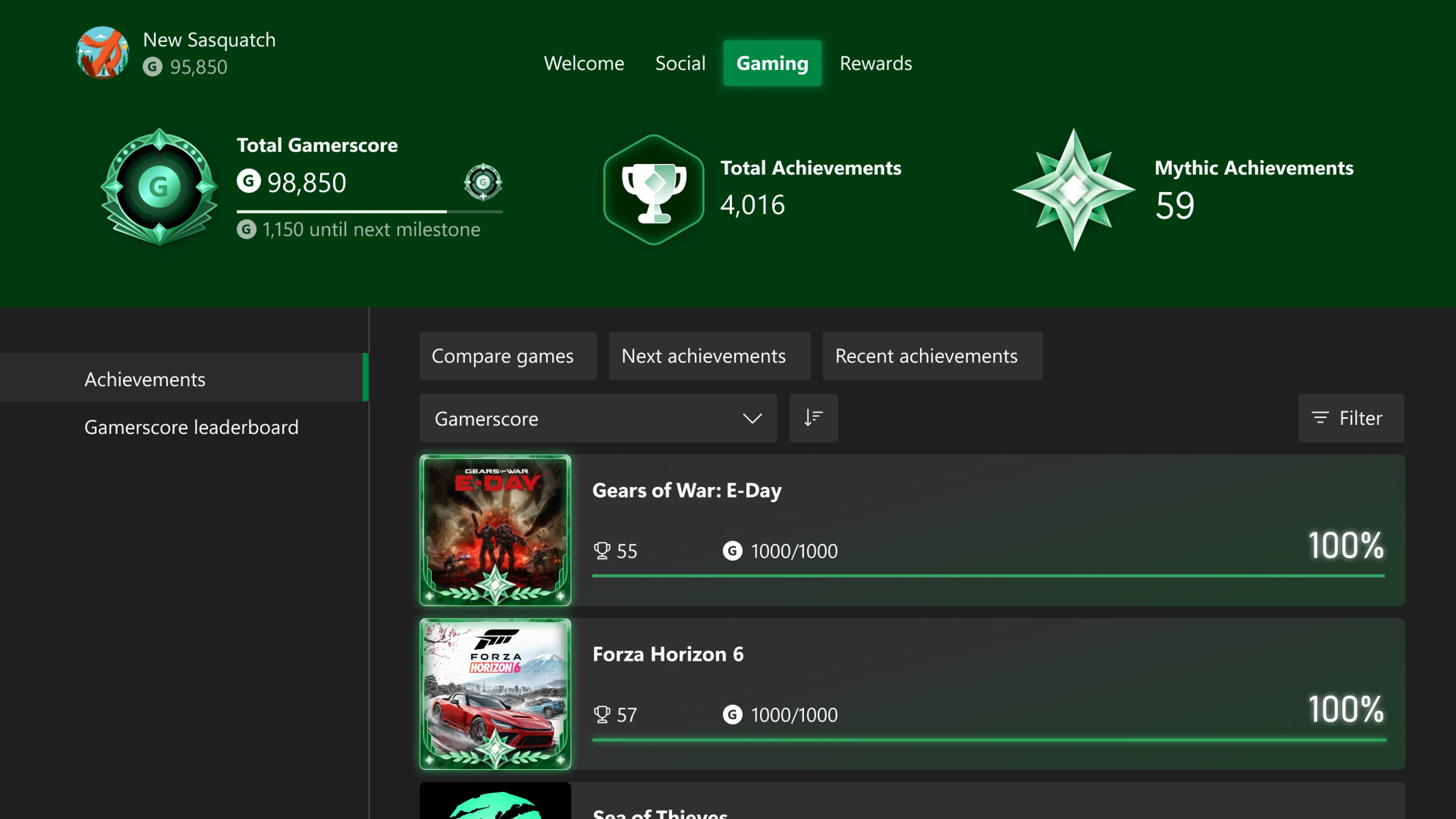 Xbox Gaming tab showing total Gamerscore, total achievements and a Mythic Achievements count.