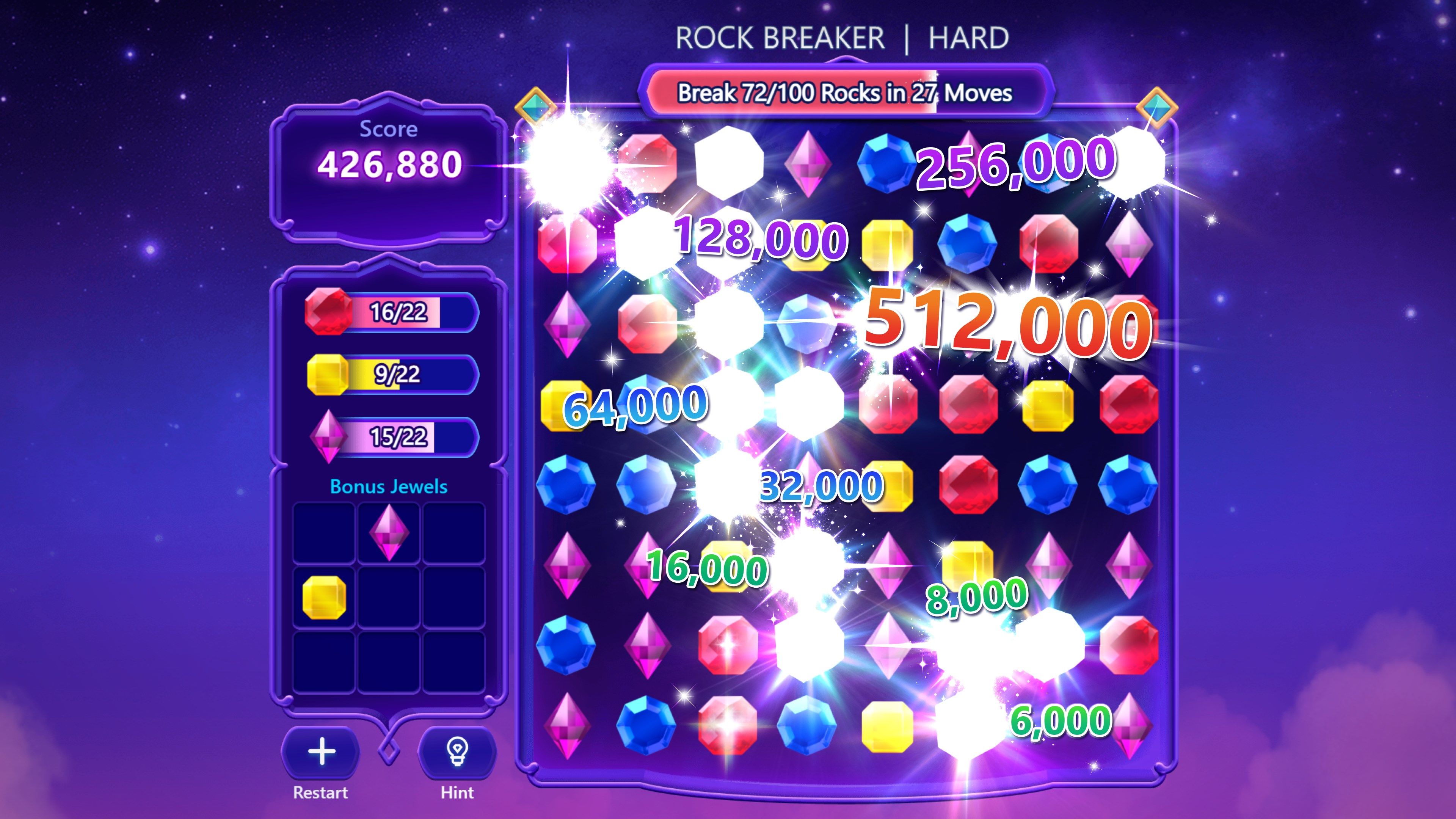 A Microsoft Jewel Rock Breaker board during a chain reaction.