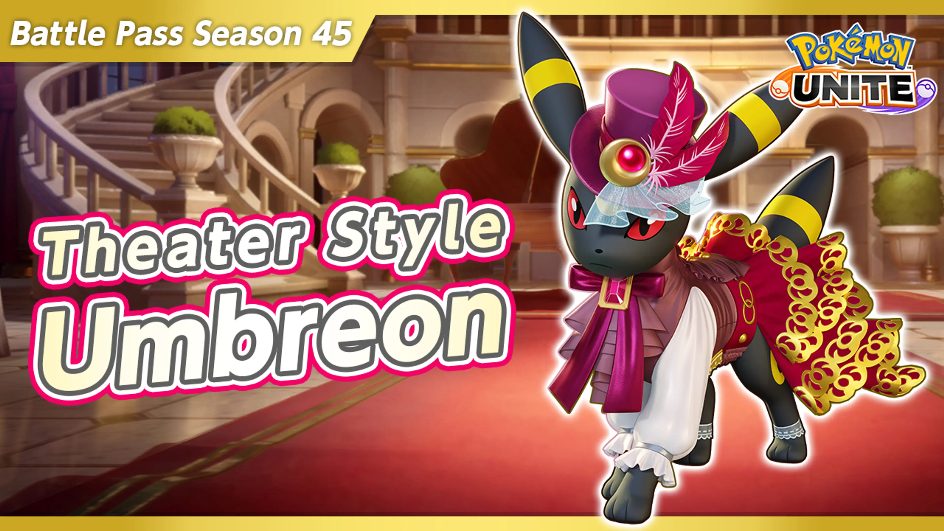 Theater Style Umbreon stands on a purple-and-gold stage in Pokémon UNITE Battle Pass artwork.