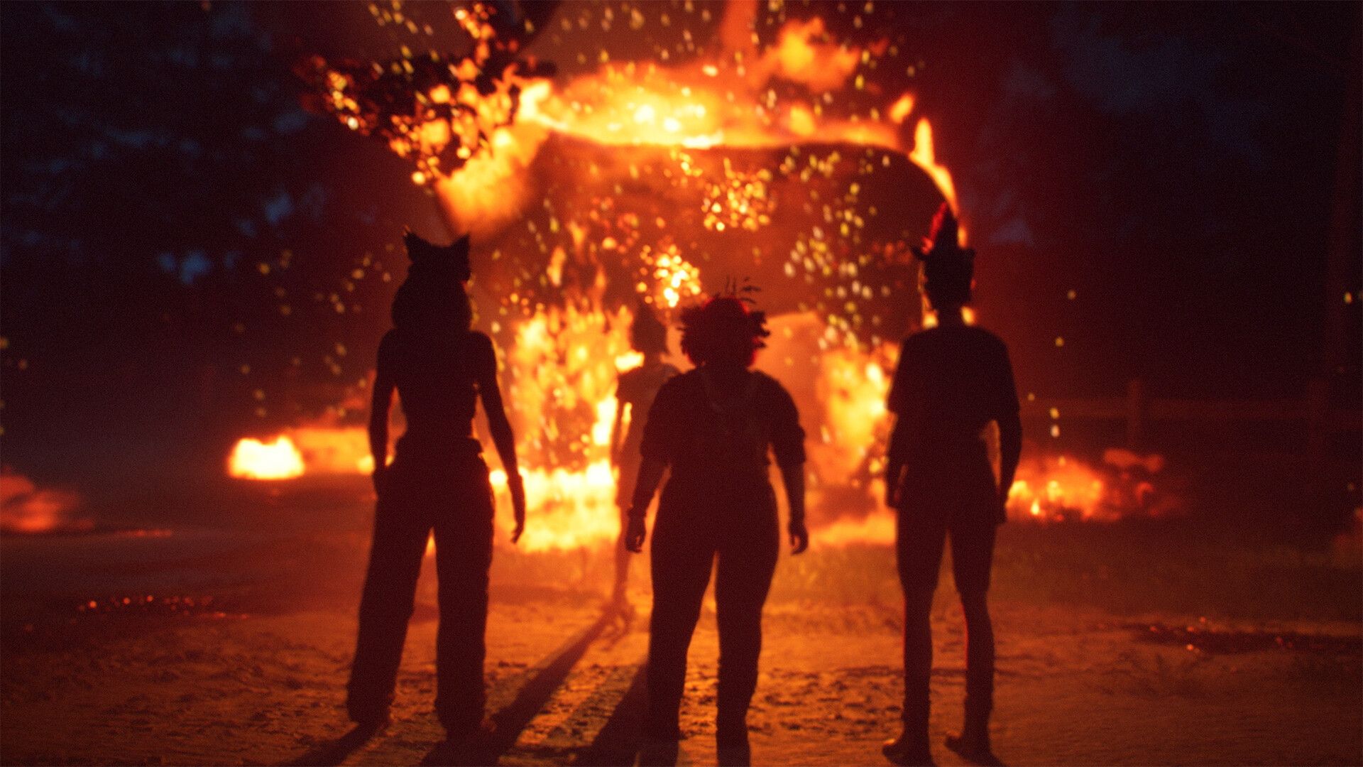 Four girls stand before a burning vehicle in Lost Records: Bloom & Rage.