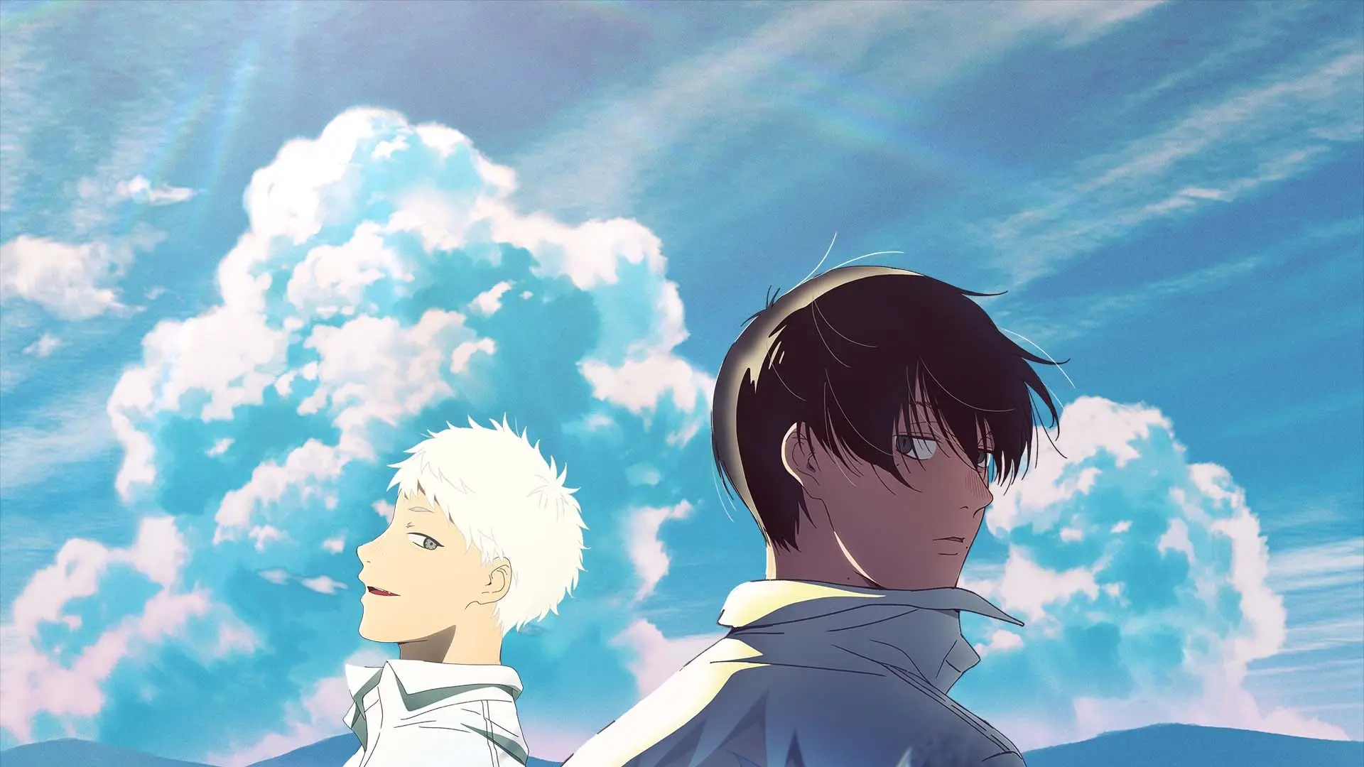 Yoshiki and Hikaru stand back to back beneath a bright summer sky.