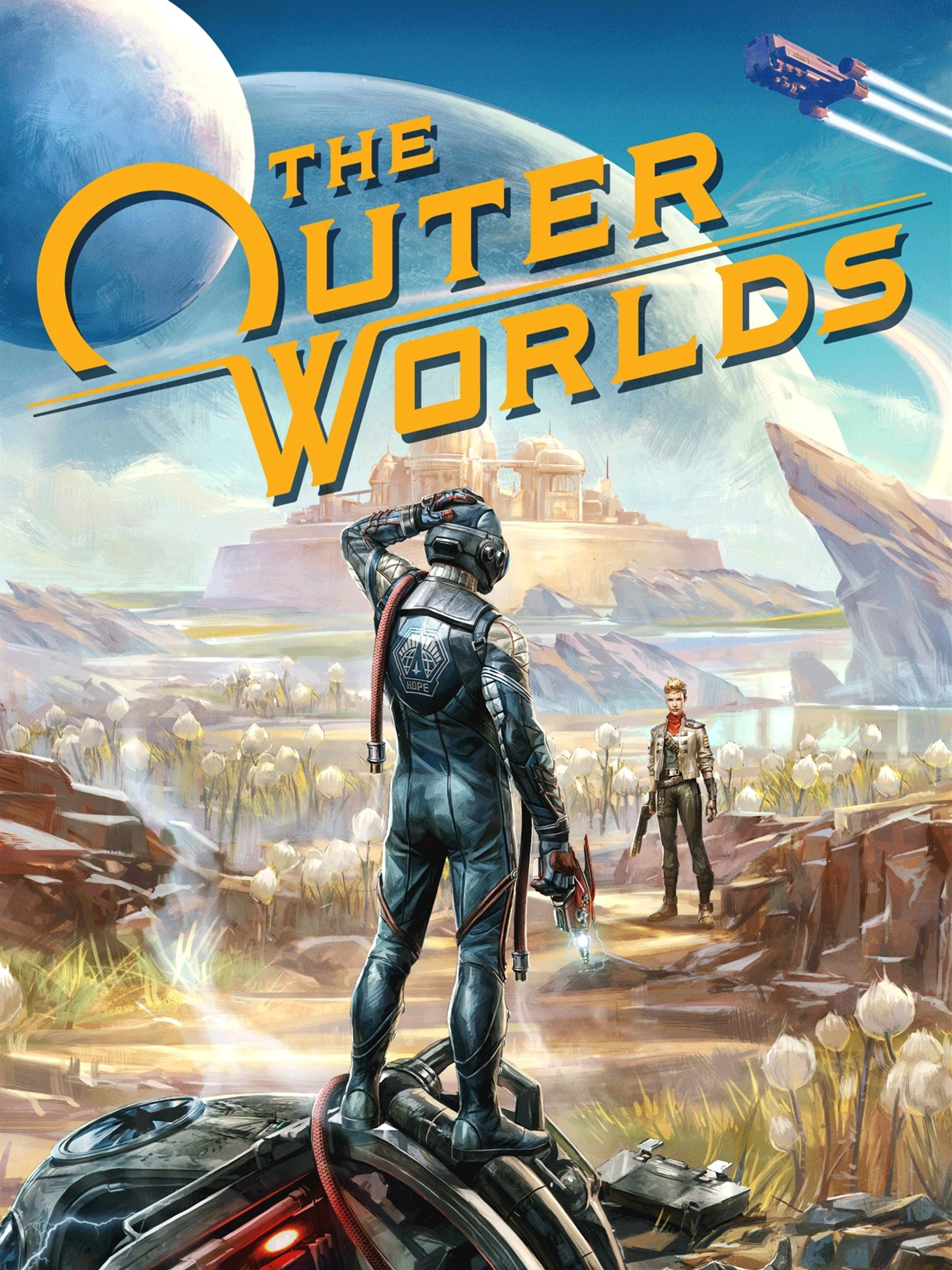 Official The Outer Worlds cover with the original yellow game logo over two explorers in a space colony.
