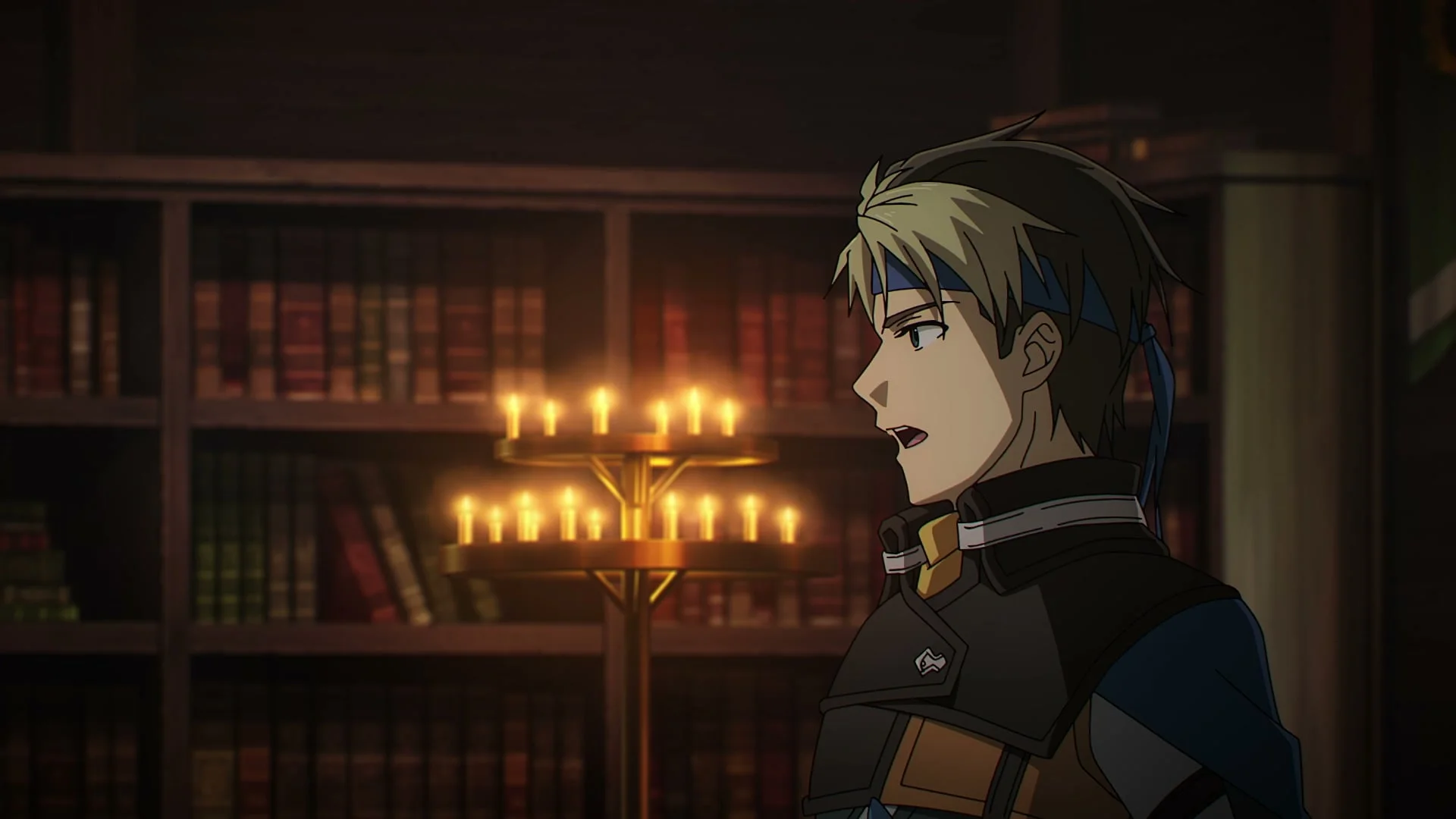 A young character stands in a candlelit room in Suikoden: The Anime.