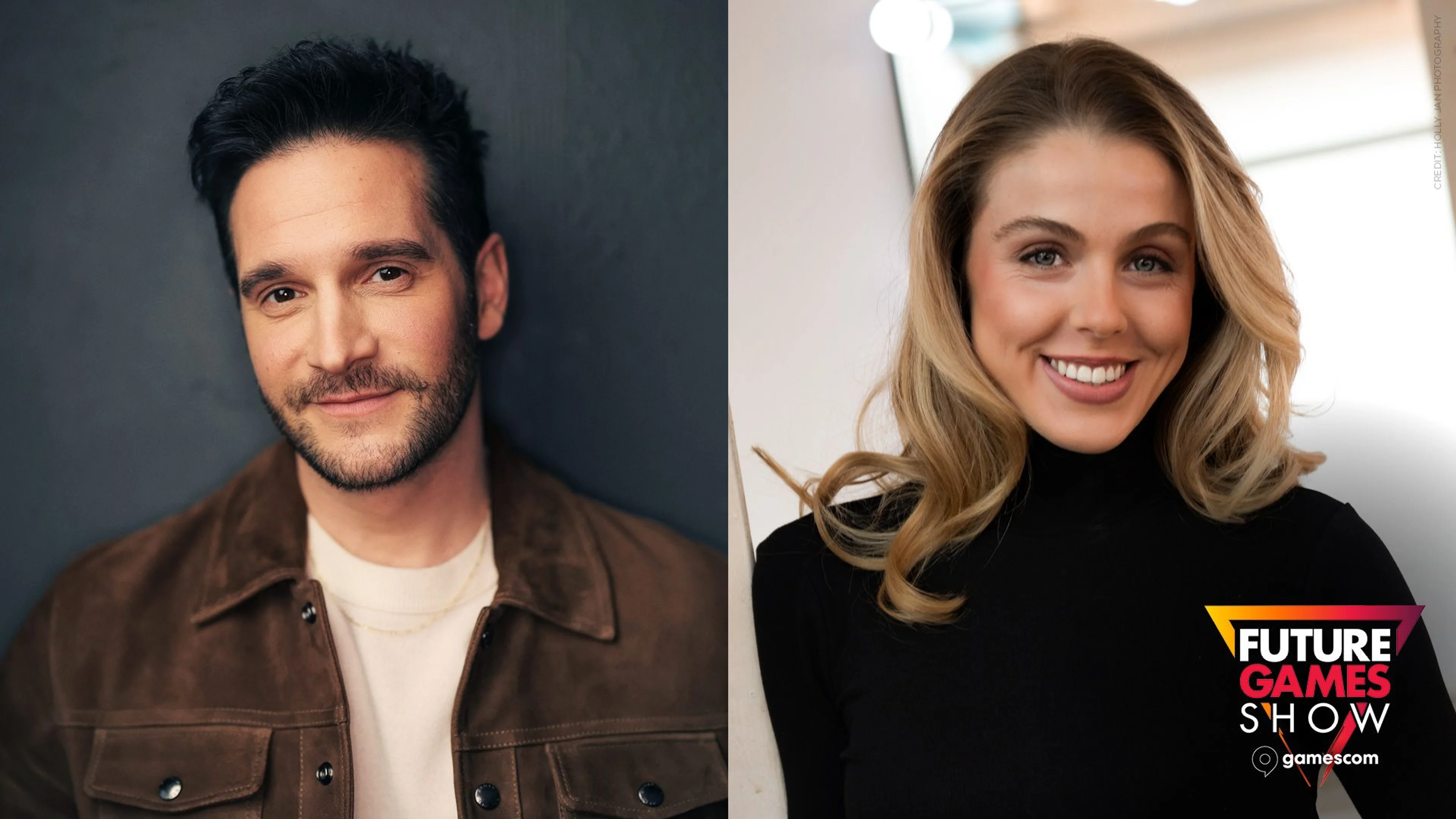 Resident Evil Requiem actors Nick Apostolides and Angela Sant’Albano appear in the Future Games Show at Gamescom 2026 artwork.