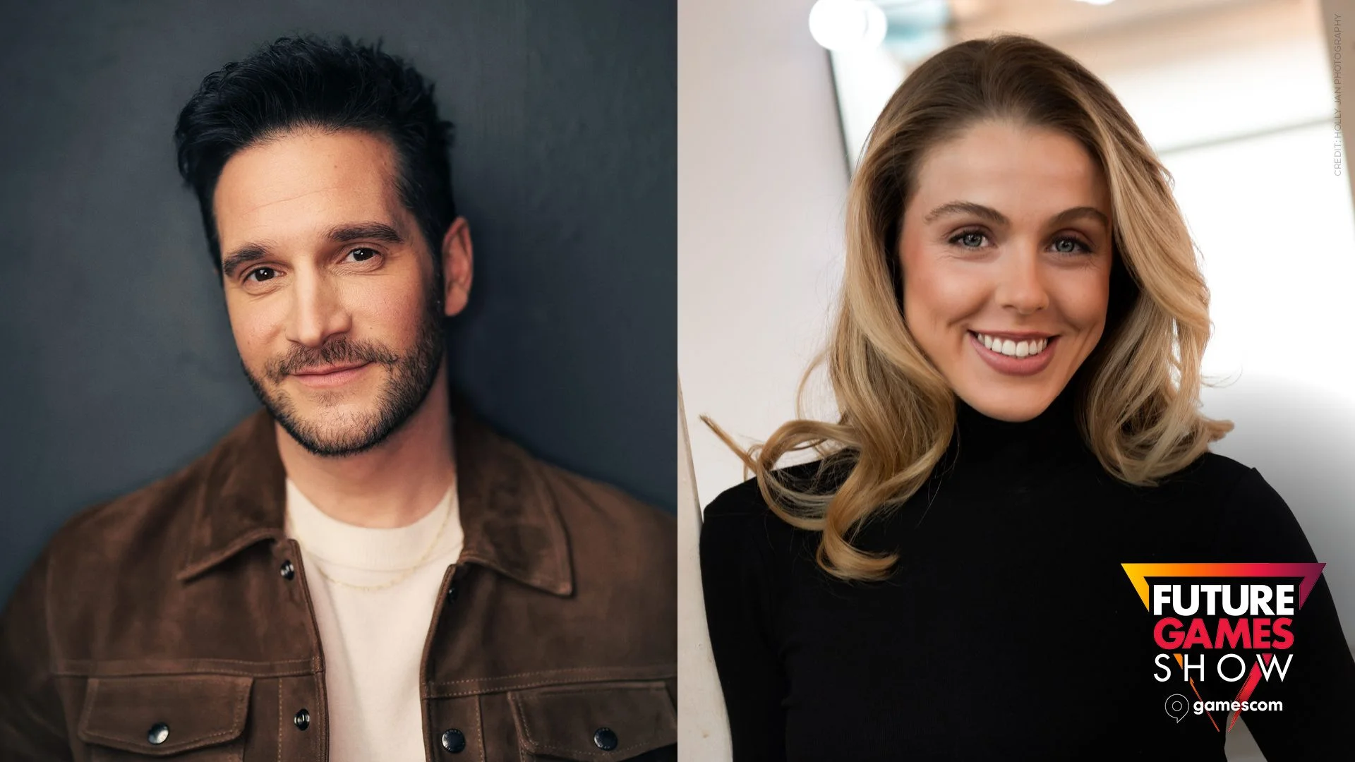 Resident Evil Requiem actors Nick Apostolides and Angela Sant’Albano appear in the Future Games Show at Gamescom 2026 artwork.