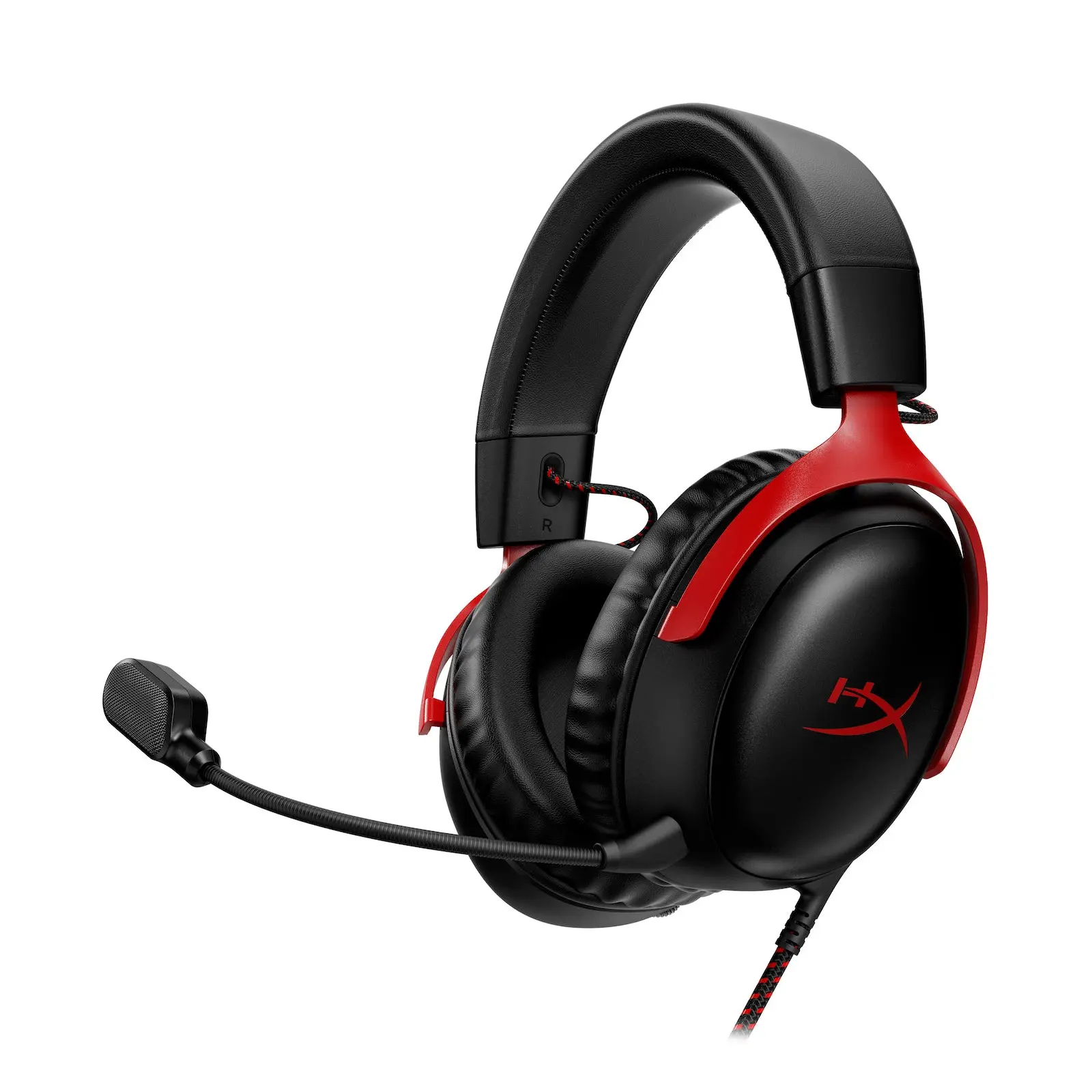 Black and red HyperX Cloud III wired headset with its microphone attached