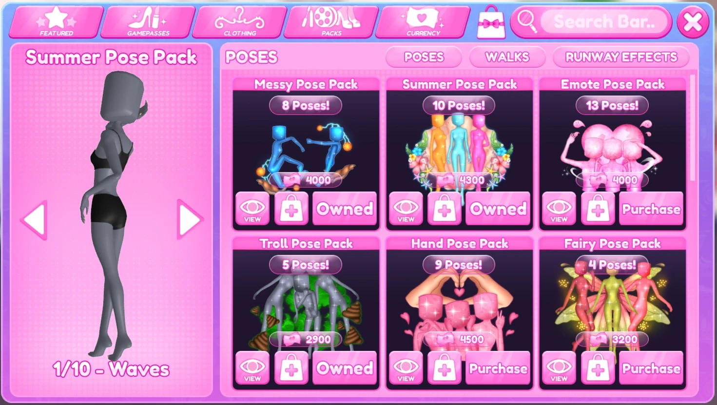 Dress To Impress Shop open to Pose Packs with previews, prices, and purchase controls.