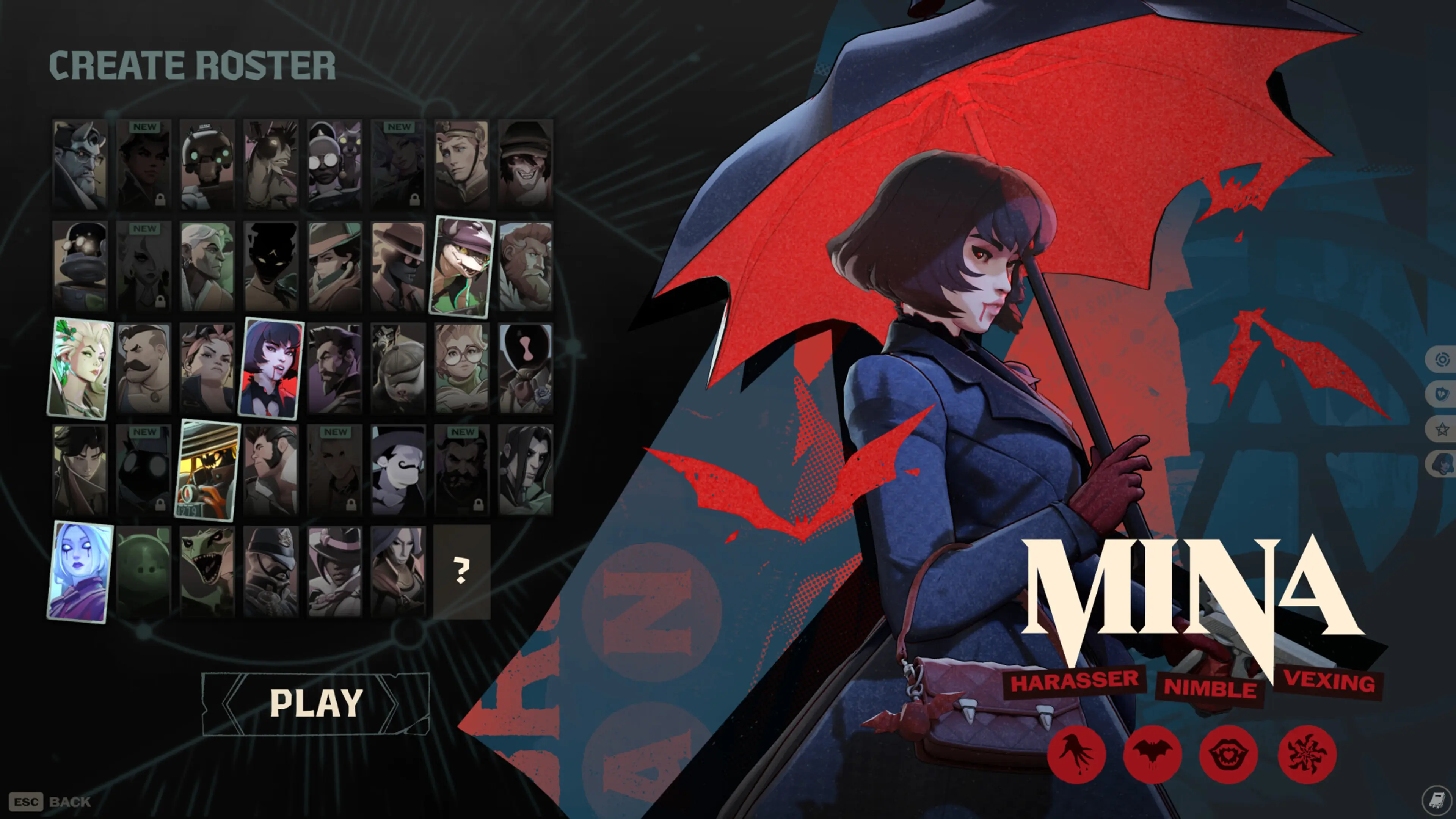 A character roster screen displays MINA in Deadlock.