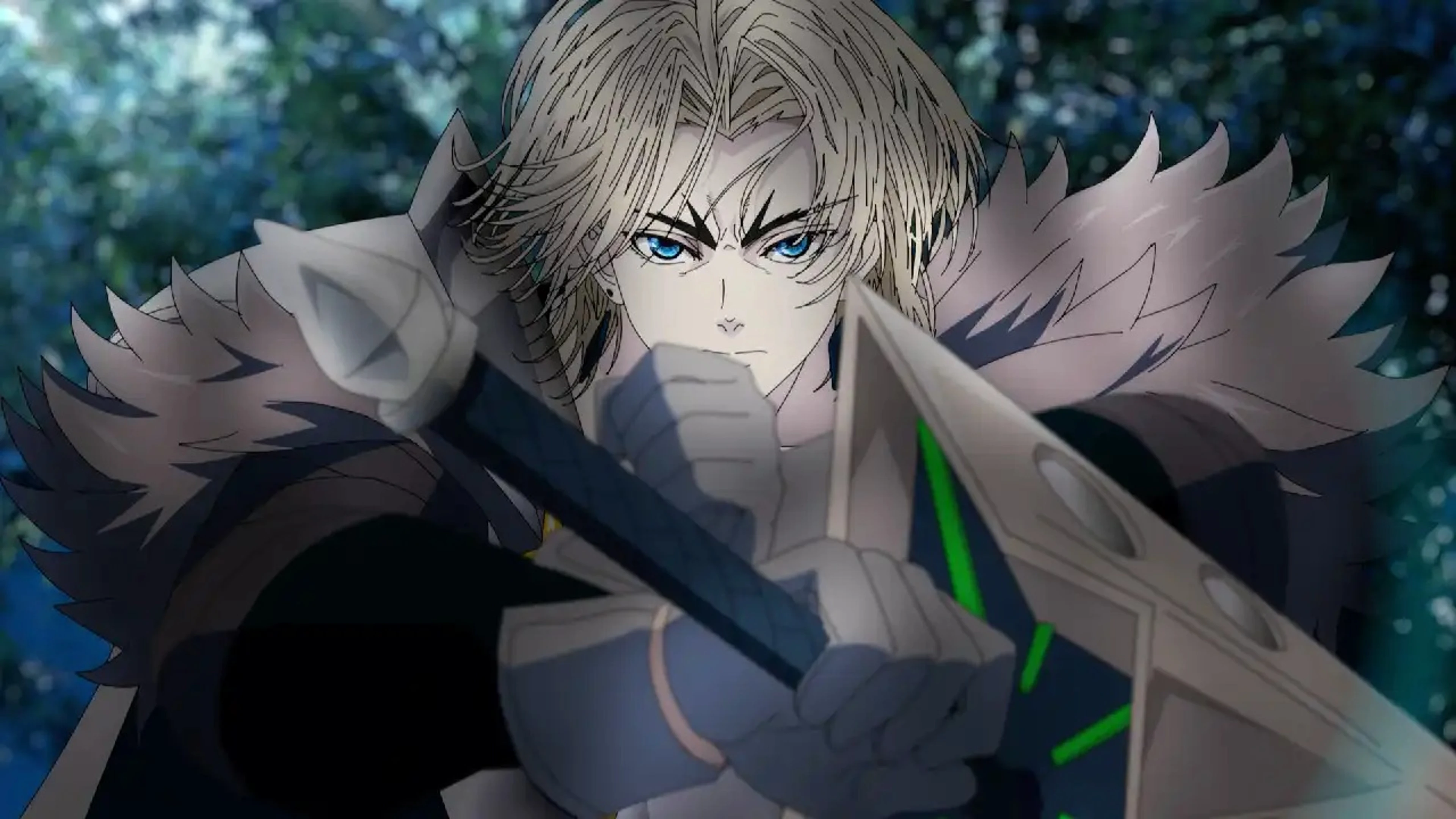 Elymas holds a weapon in an official episode still from The Exiled Heavy Knight.