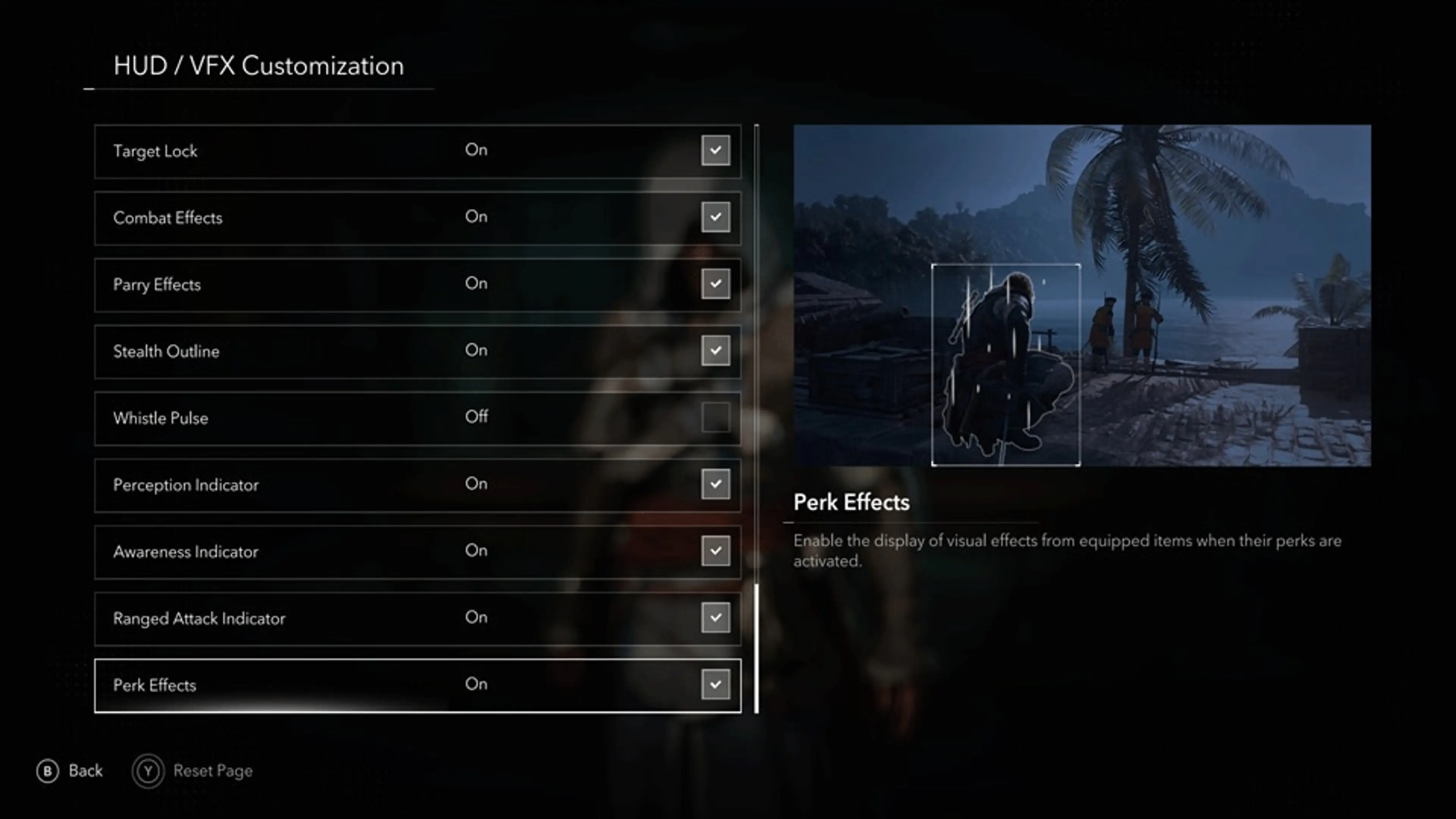 The HUD and VFX Customization menu highlights the Perk Effects toggle in Black Flag Resynced.