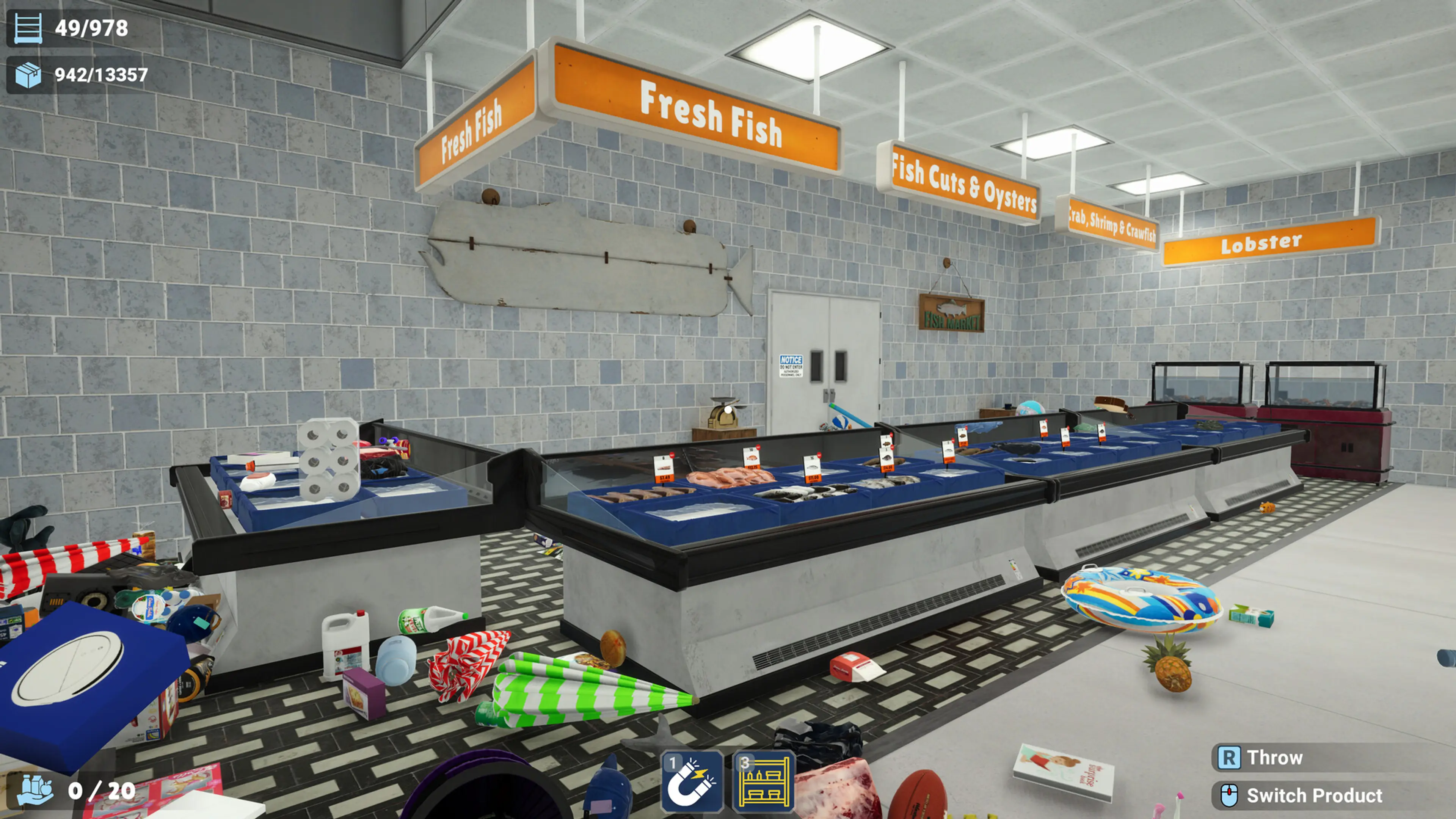 The Fresh Fish department is partly organized while loose products remain on the supermarket floor.