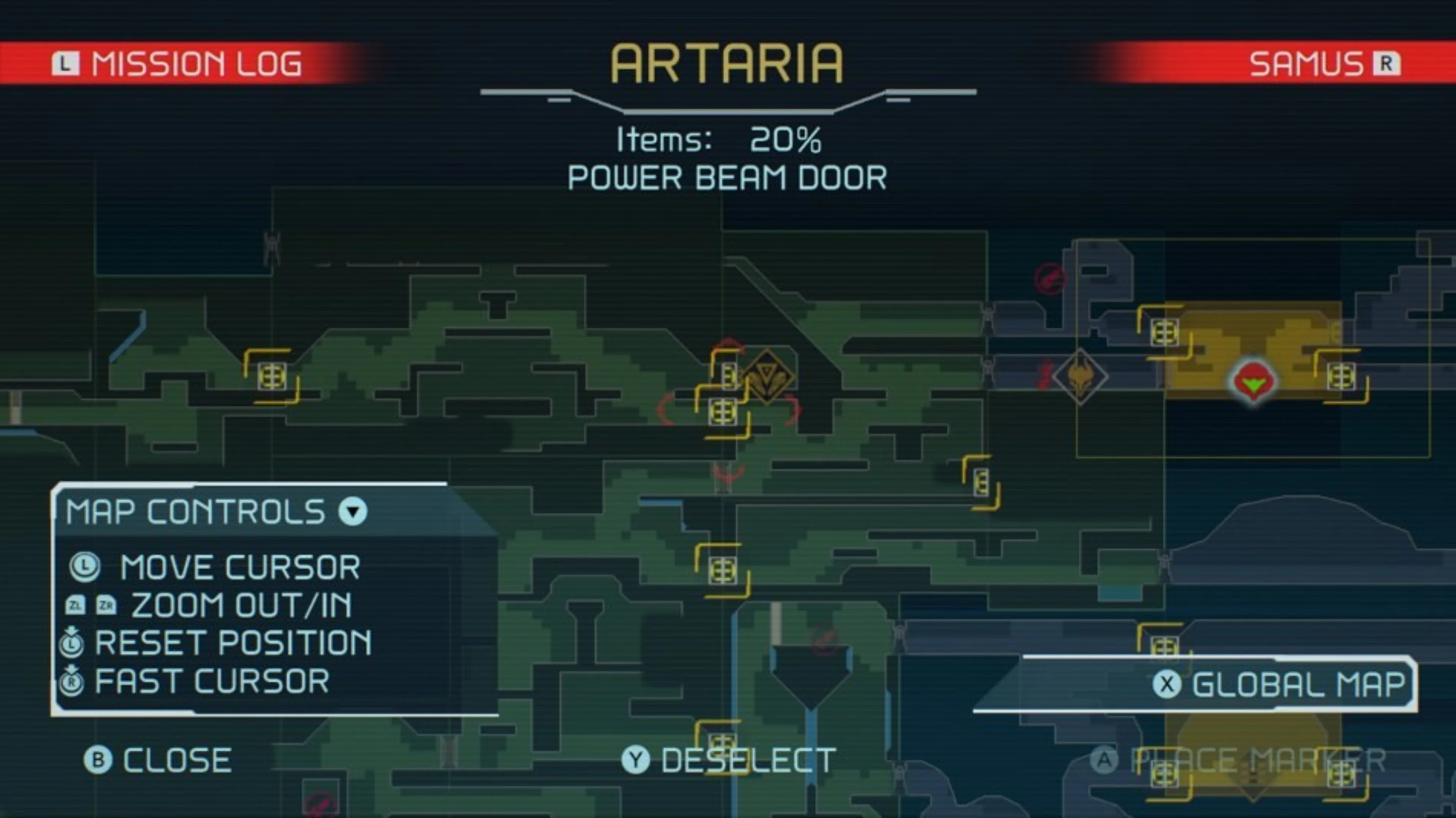 Artaria map with Power Beam Door shown at the top and matching door icons highlighted.