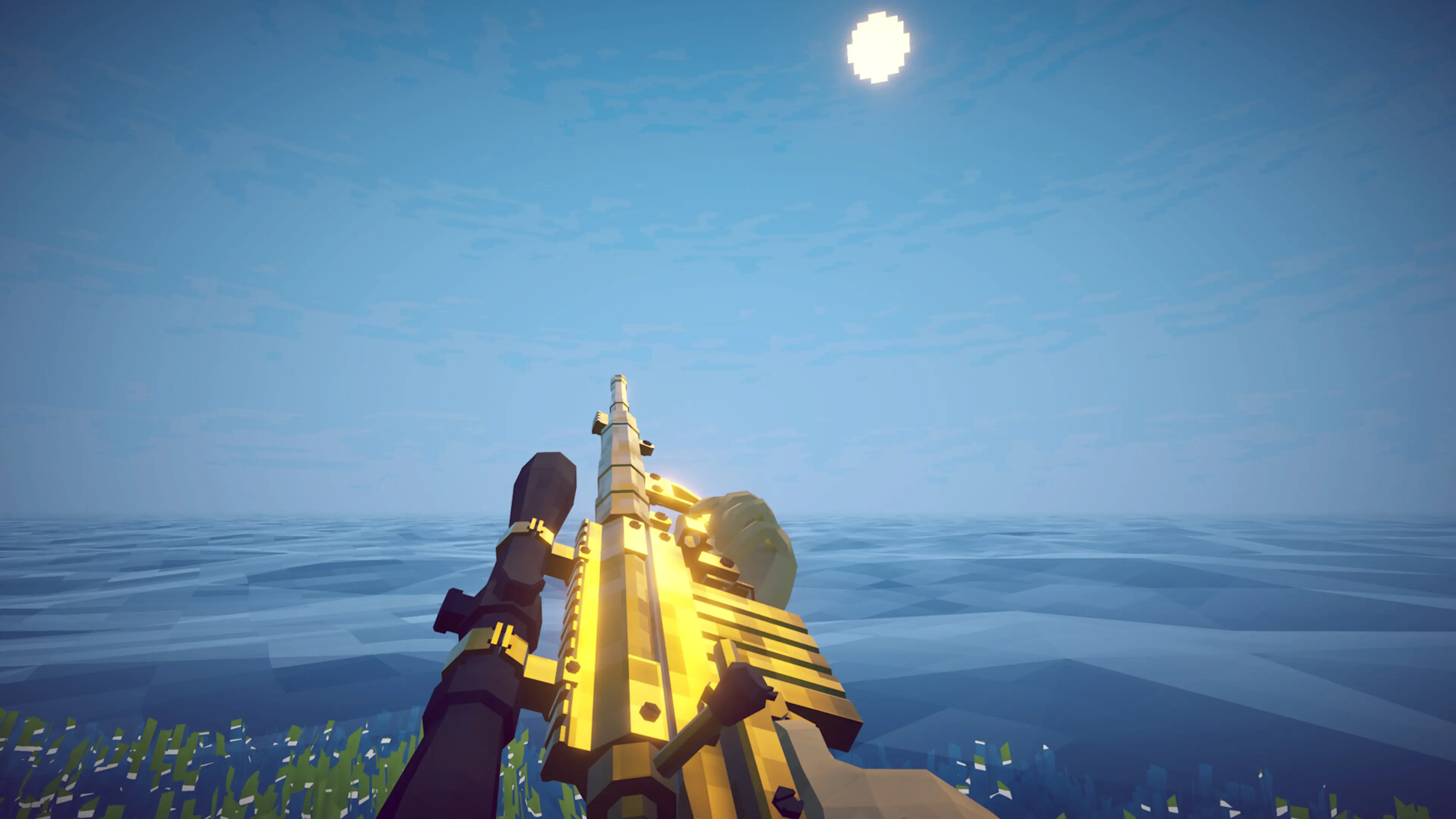 A player inspects a gold weapon beside the ocean in How to Fish.