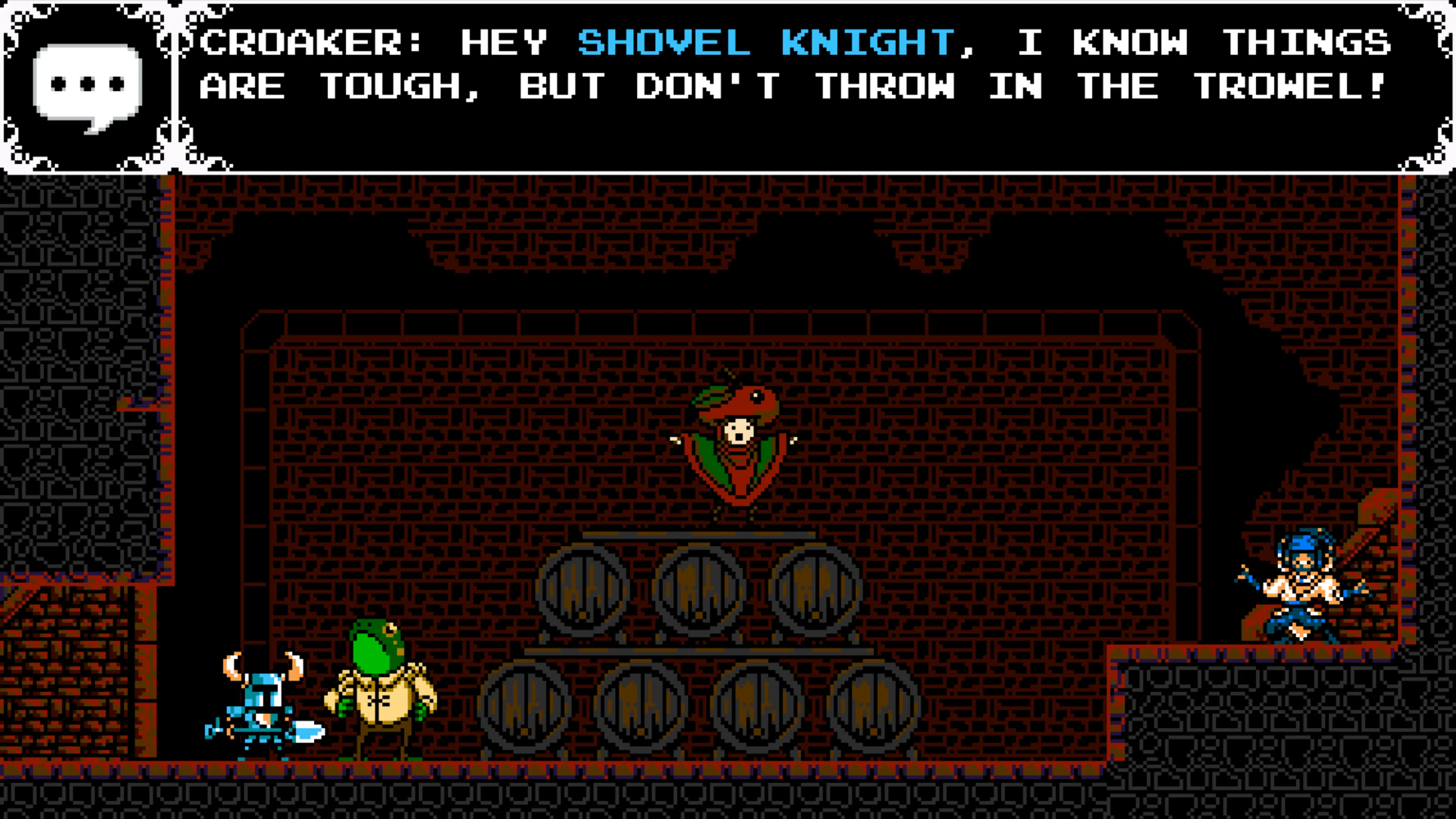 Official screenshot in a dark indoor scene: Shovel Knight faces a green frog, and a large black dialogue panel at top names the speaker CROAKER.