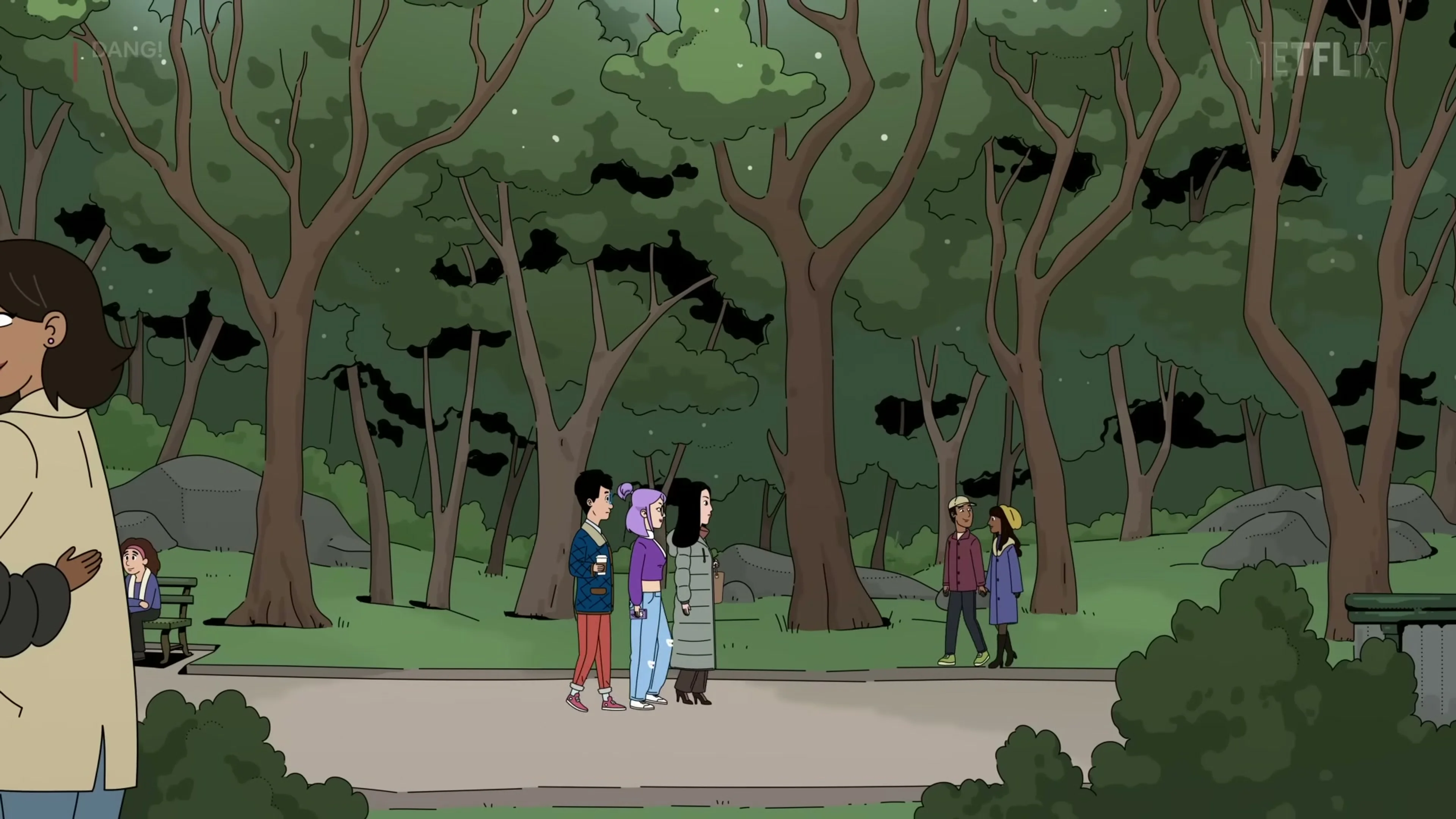 Andrew, Eunice, and Ruthie sit together on a bench in Central Park in DANG!.
