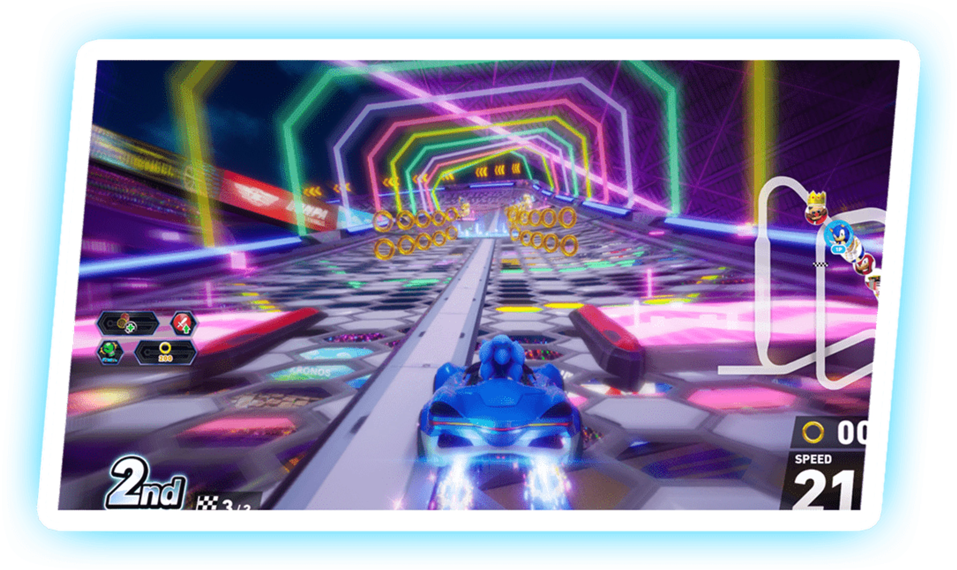 Official Sonic Racing: CrossWorlds race view with the third-lap counter at the lower left while Sonic drives through a neon tunnel.