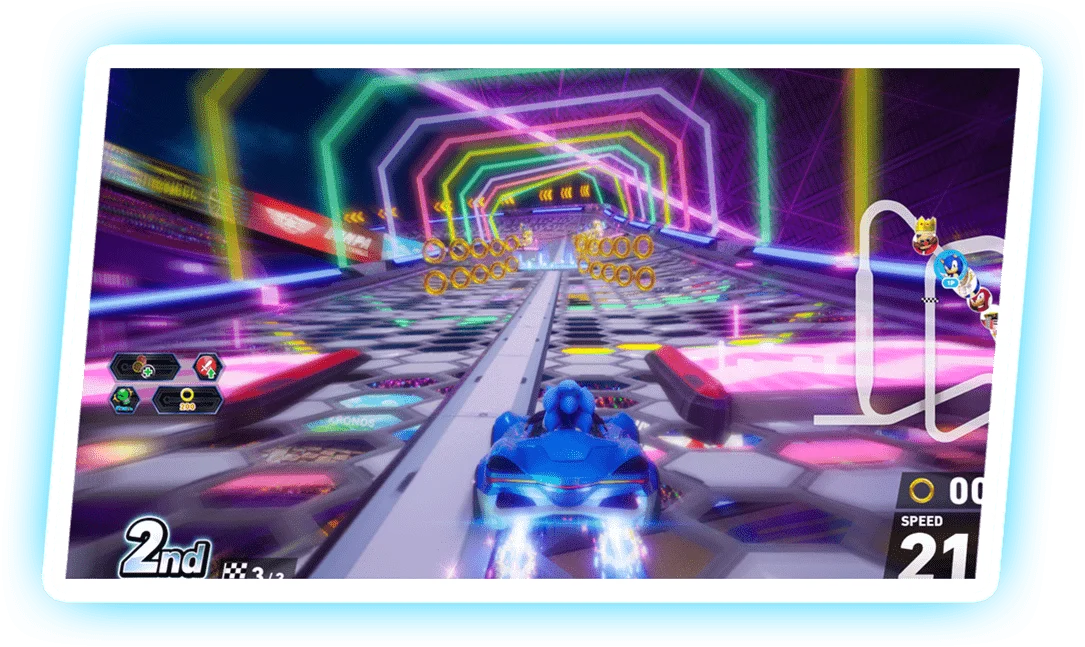 Official Sonic Racing: CrossWorlds race view with the third-lap counter at the lower left while Sonic drives through a neon tunnel.
