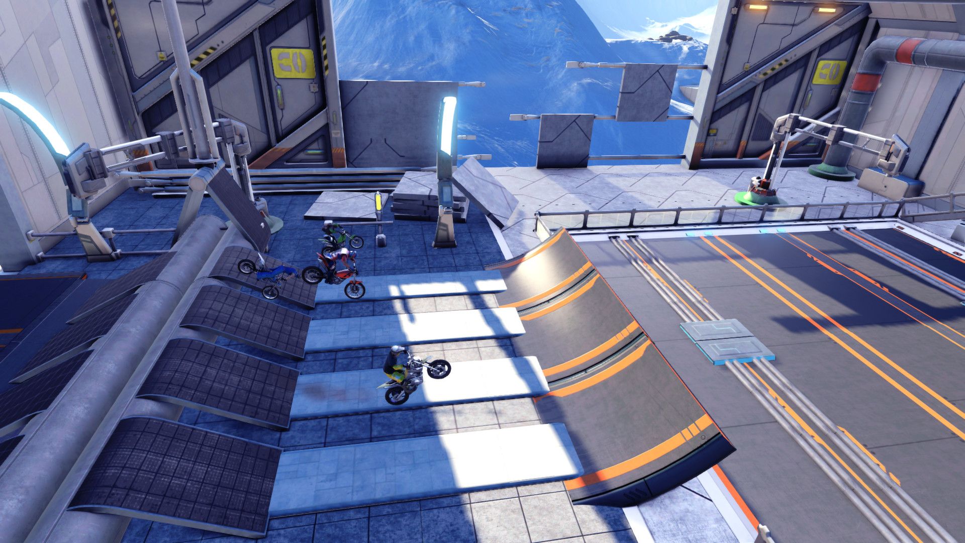 Motorbike rides through a clean industrial course with multiple small ramps.
