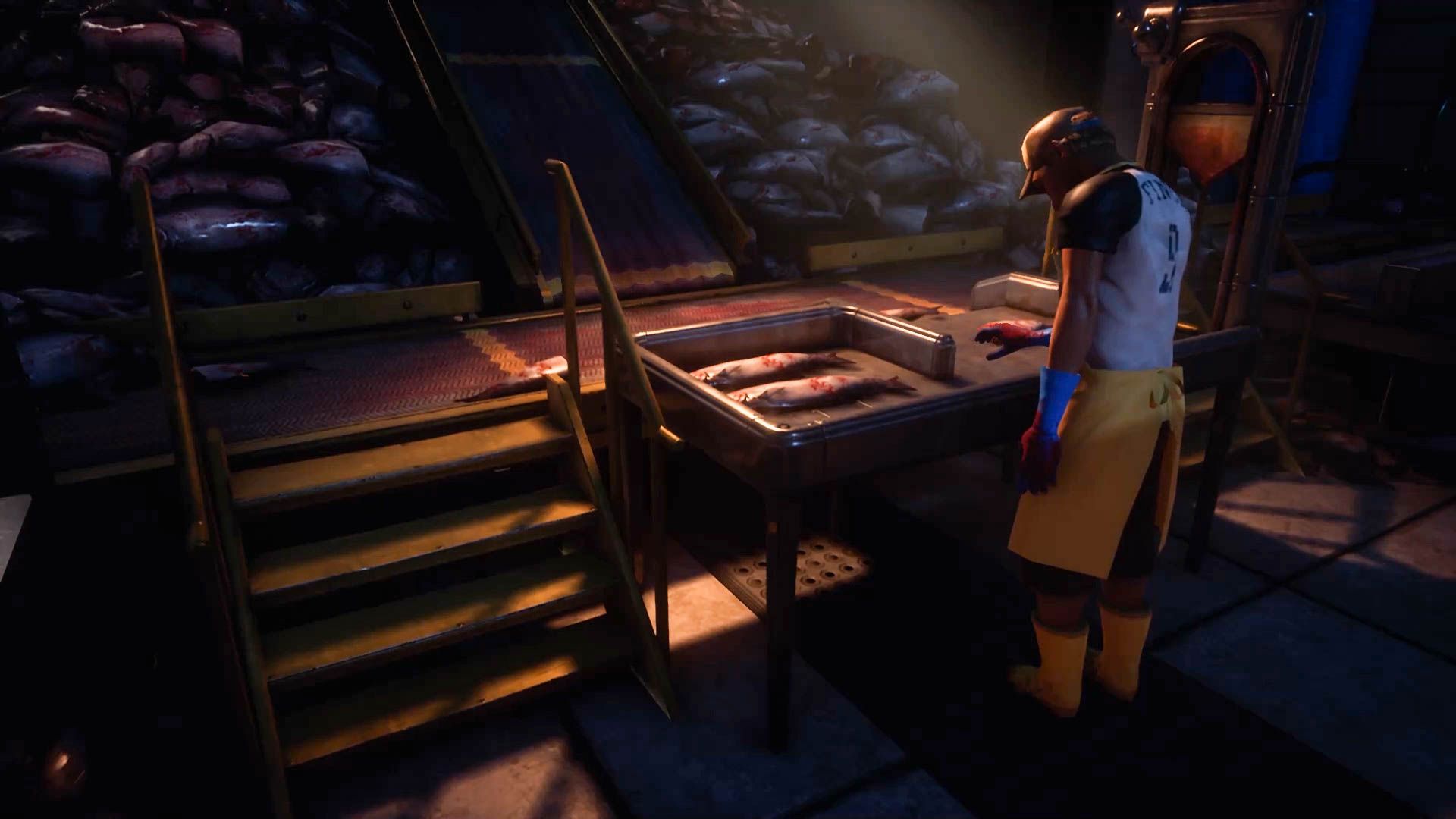 Edith stands near a wooden worktable inside a dim room.