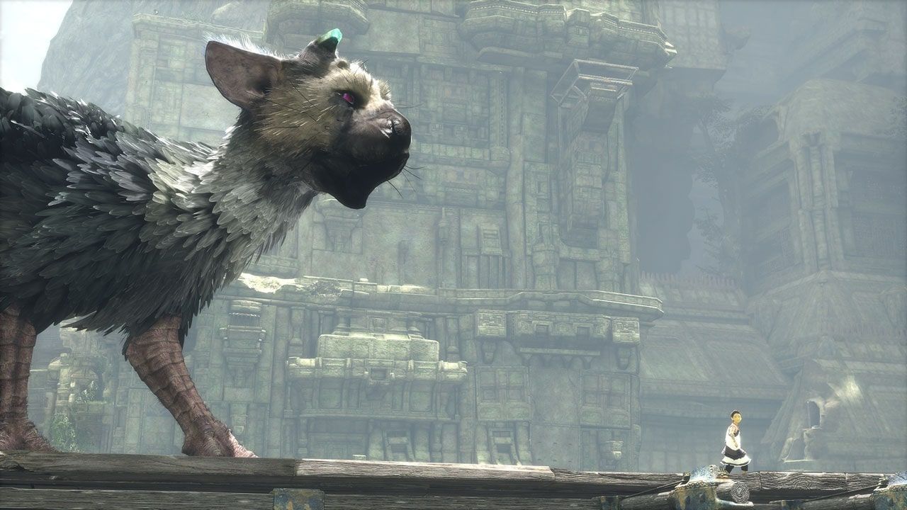 The giant Trico beside the boy on a horizontal wooden beam.