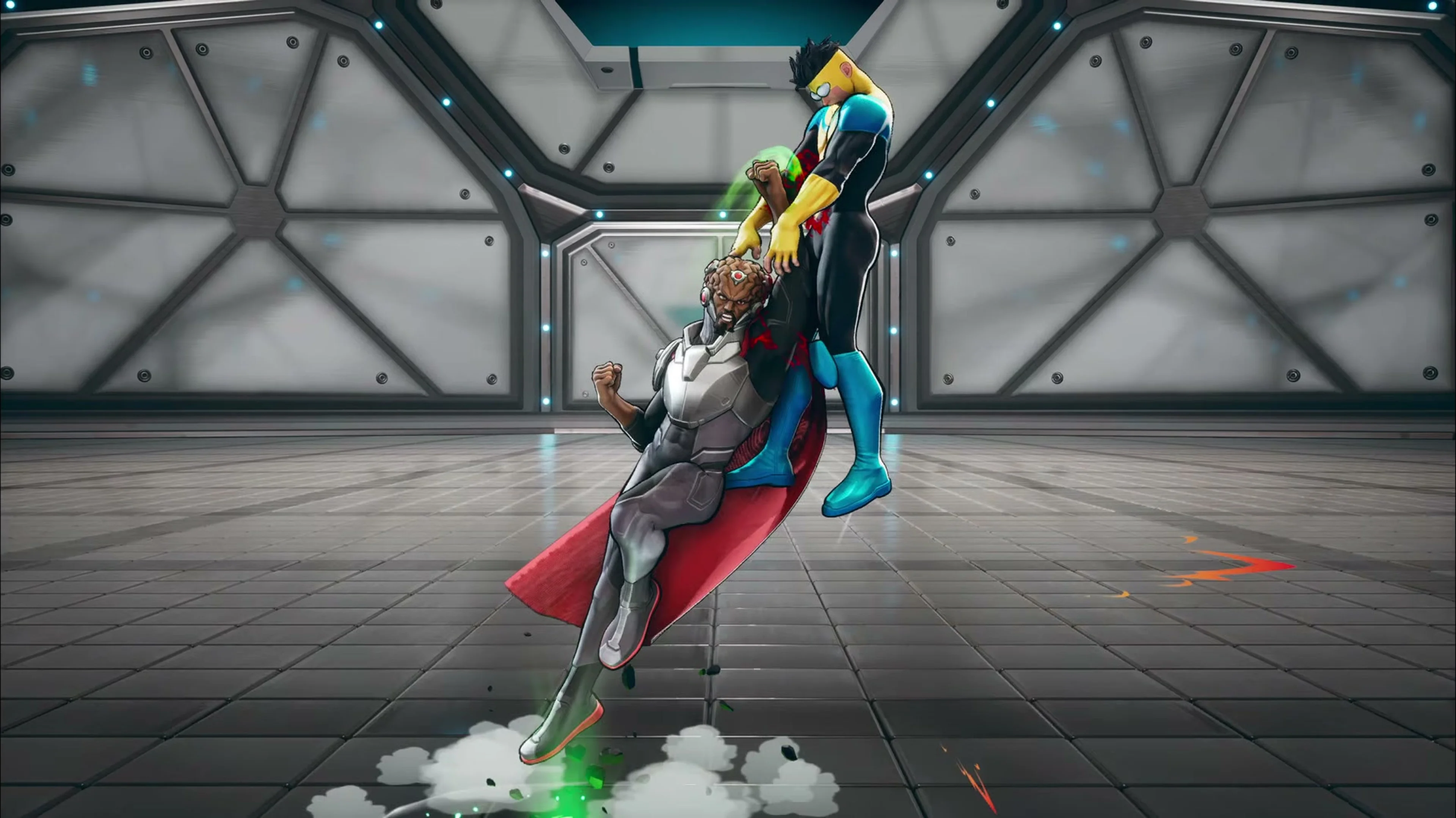 Angstrom Levy rises into an uppercut beneath Invincible after entering a floor portal.
