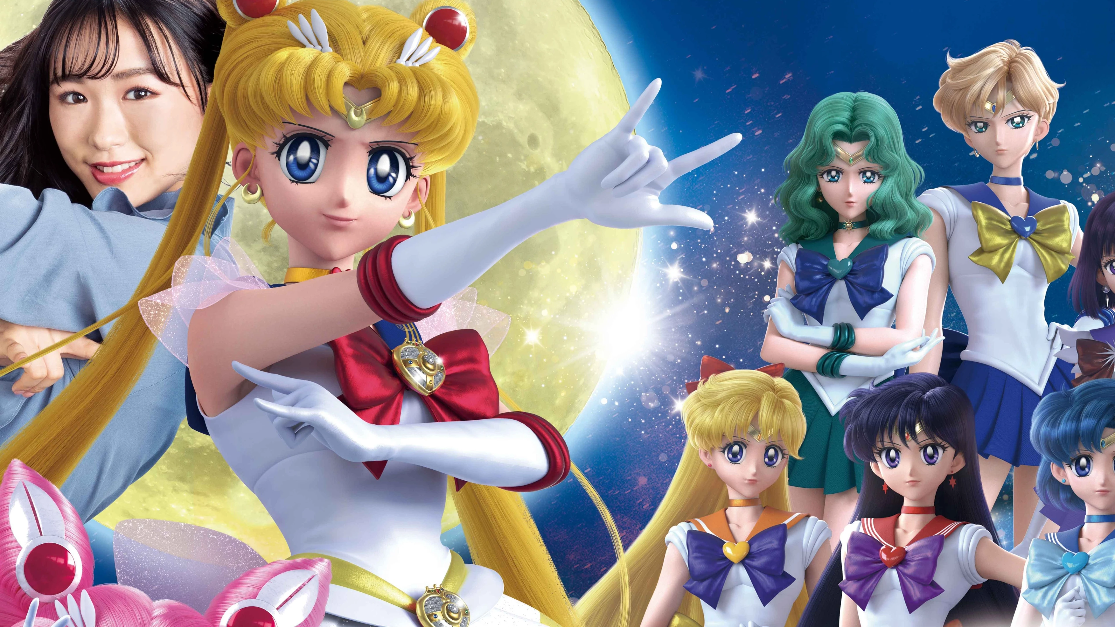 Sailor Moon stands in front of the Sailor Guardians in colorful Universal Studios Japan event art.