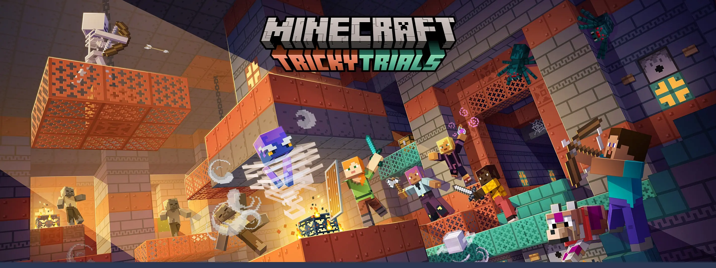 Minecraft characters fighting breezes, bogged, and other mobs inside a Trial Chamber.