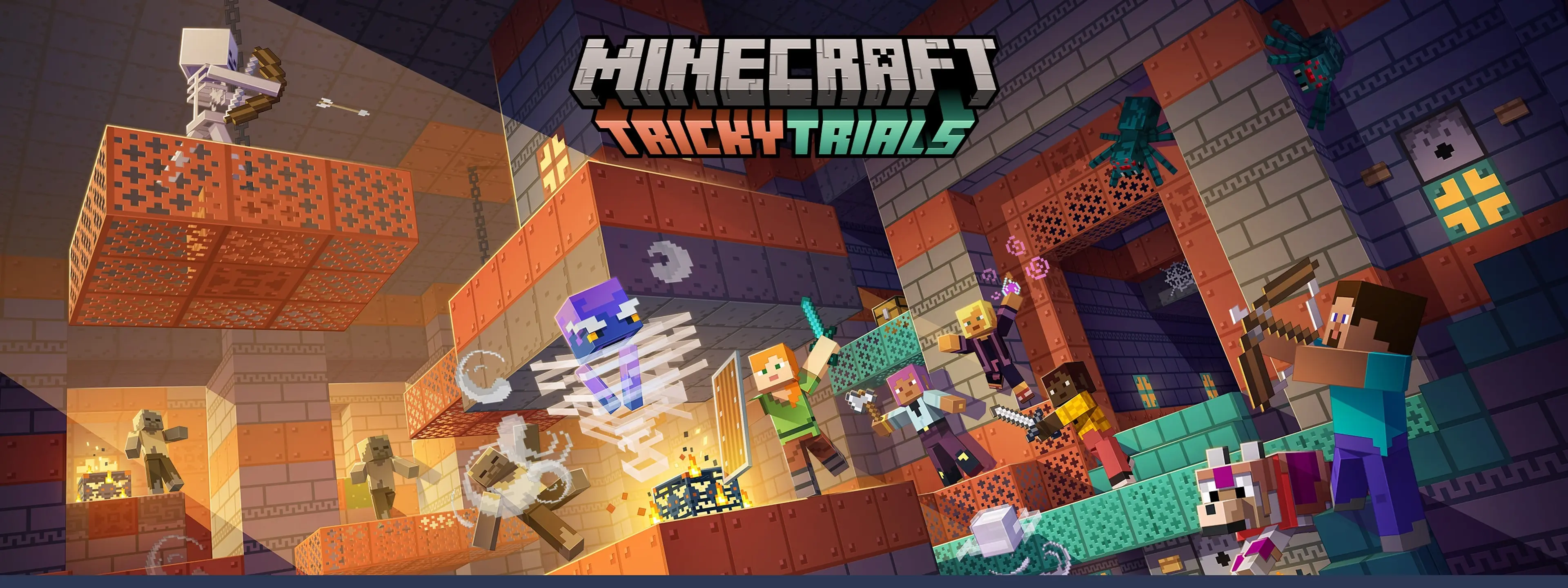Minecraft characters fighting breezes, bogged, and other mobs inside a Trial Chamber.