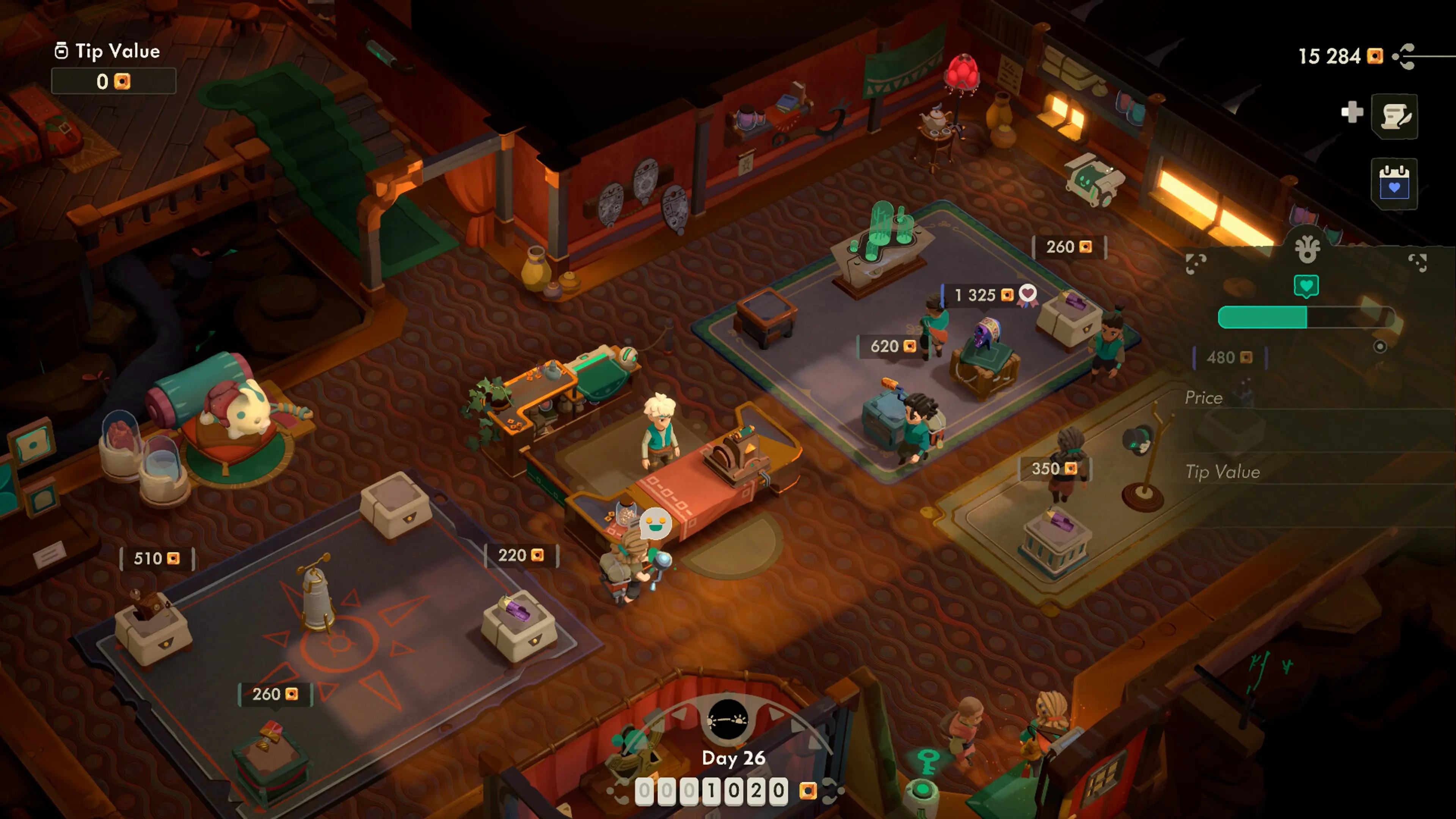 Will serves customers among display cases and price tags inside the Moonlighter 2 shop.