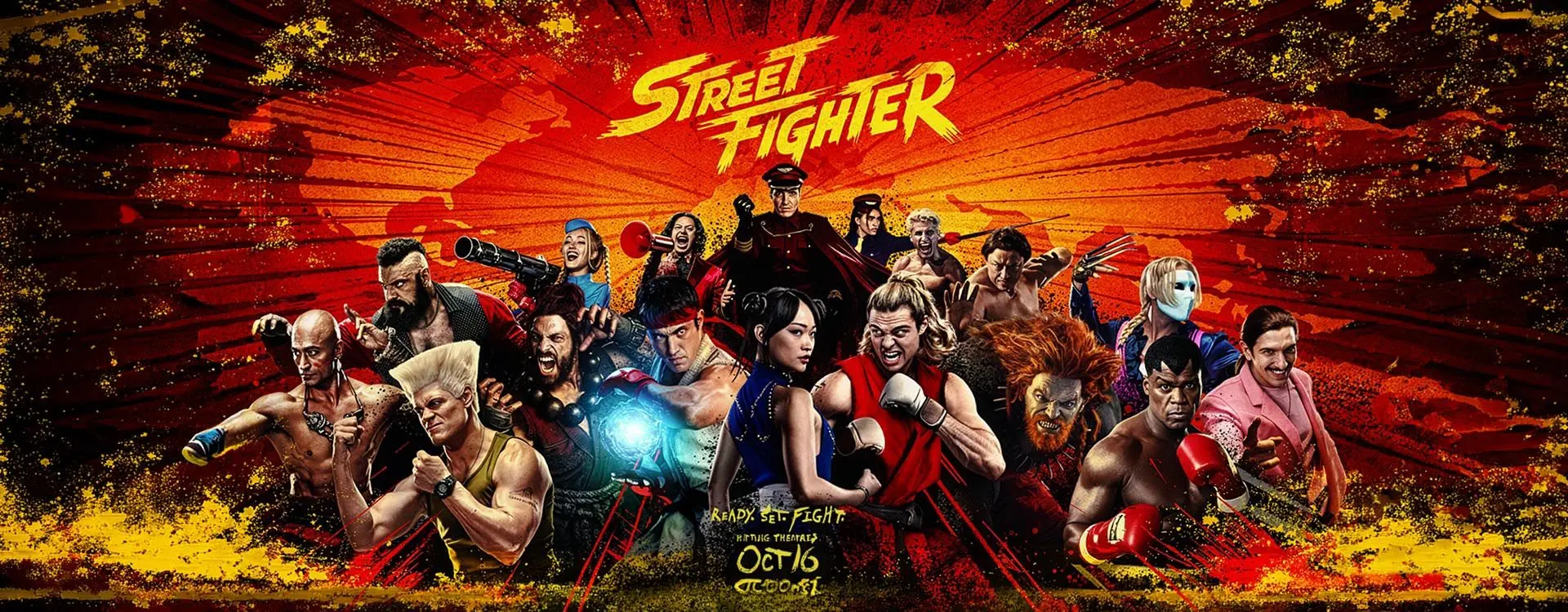 Official Street Fighter movie ensemble artwork shows Ryu, Chun-Li, Ken, and other World Warrior fighters against a red-and-yellow background.